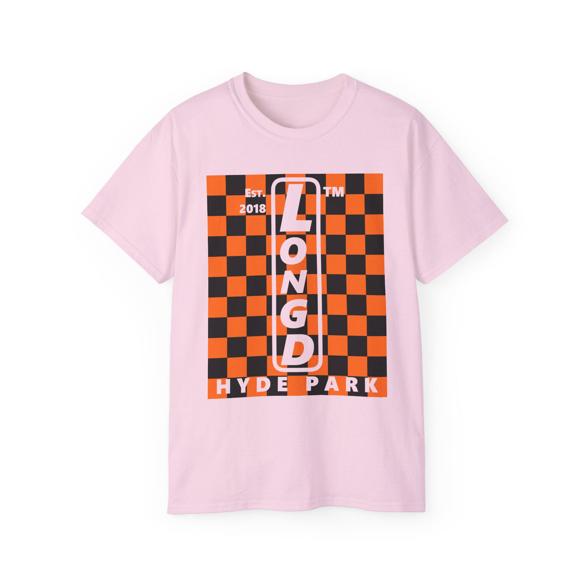 LongD Hyde Park negative upright checkered logo (Halloween colors) cotton tee