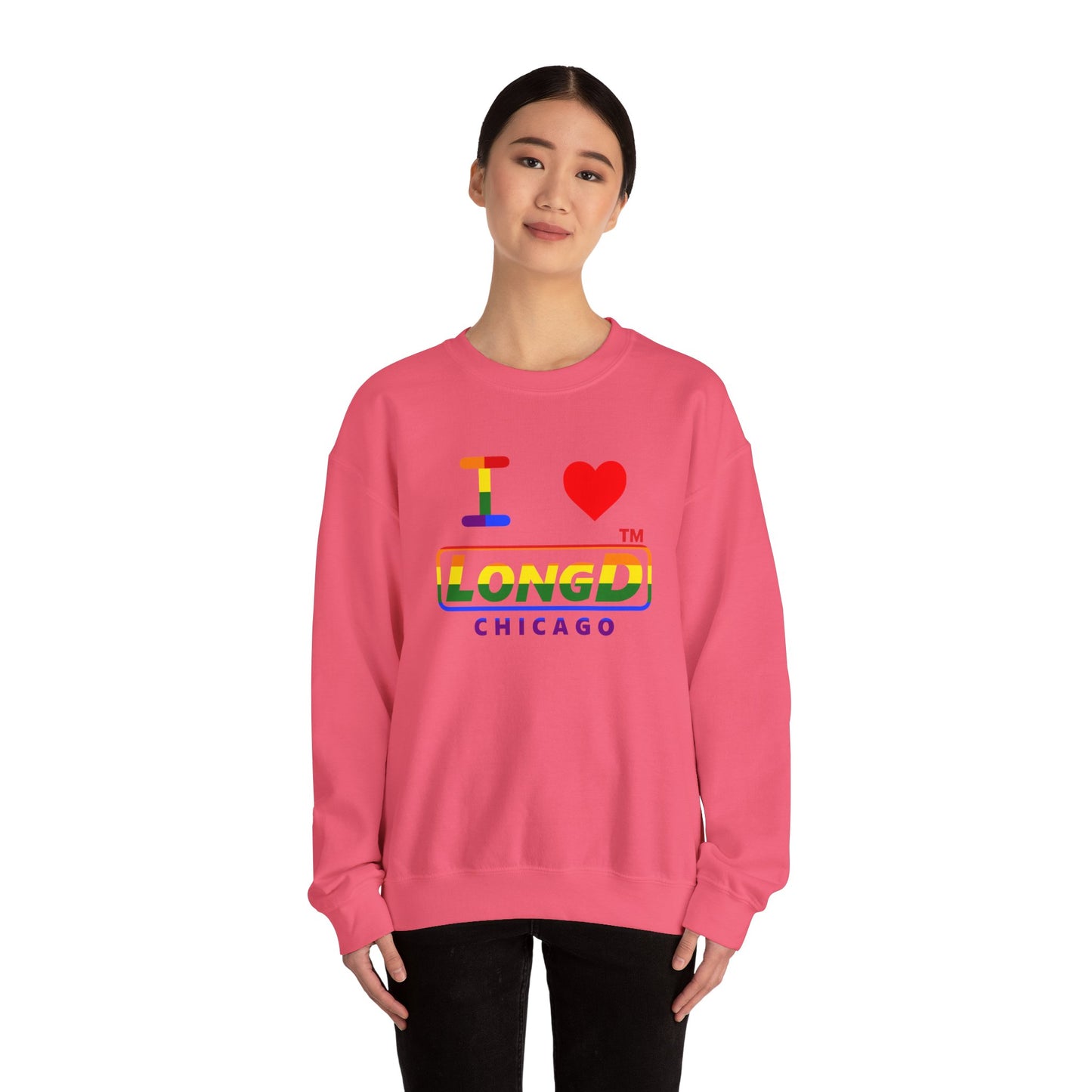 I Luv LongD positive horizontal striped Chicago logo crewneck sweatshirt (Pride colors)