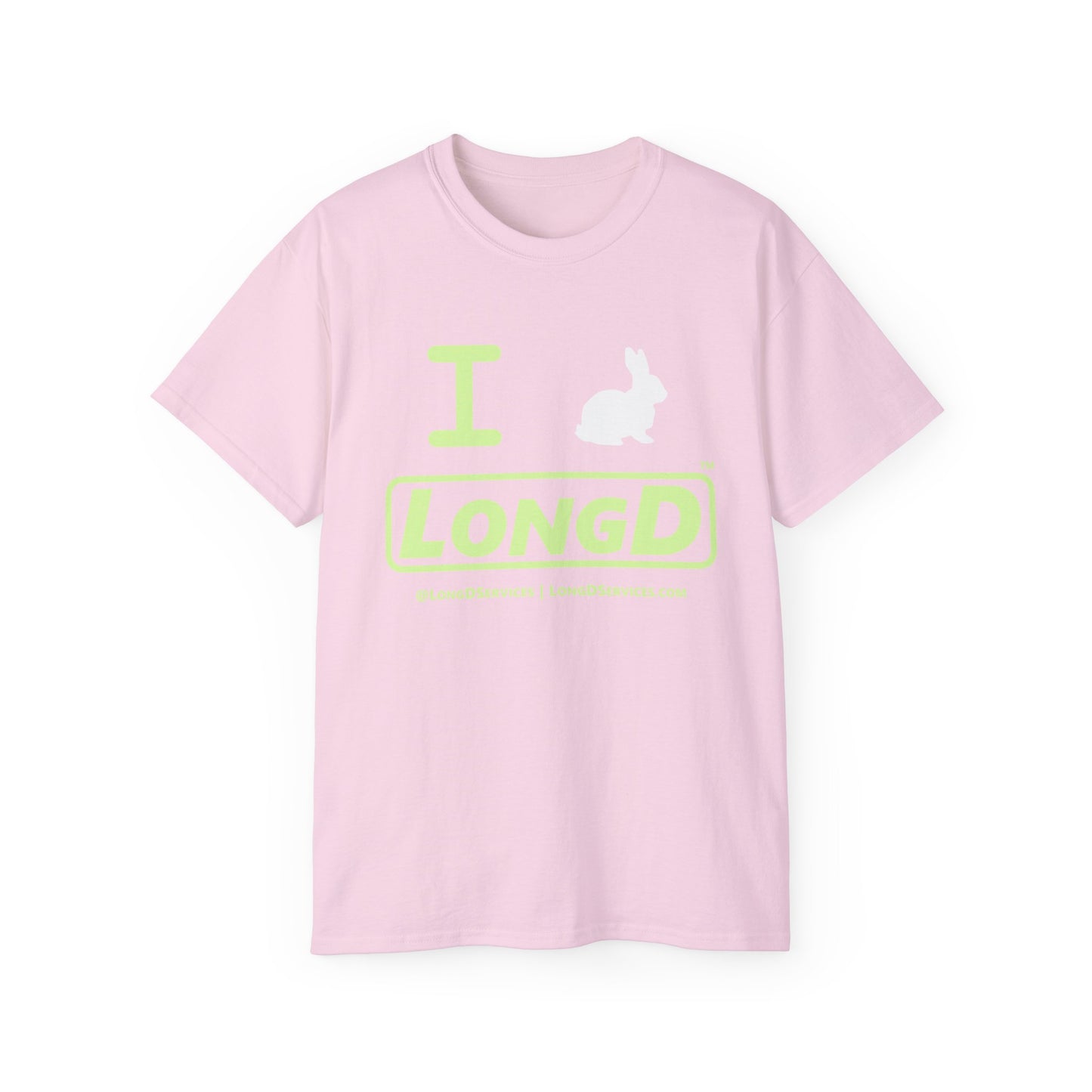 I Bunny LongD® Logo Cotton Tee Easter pastel green text (white Easter Bunny)