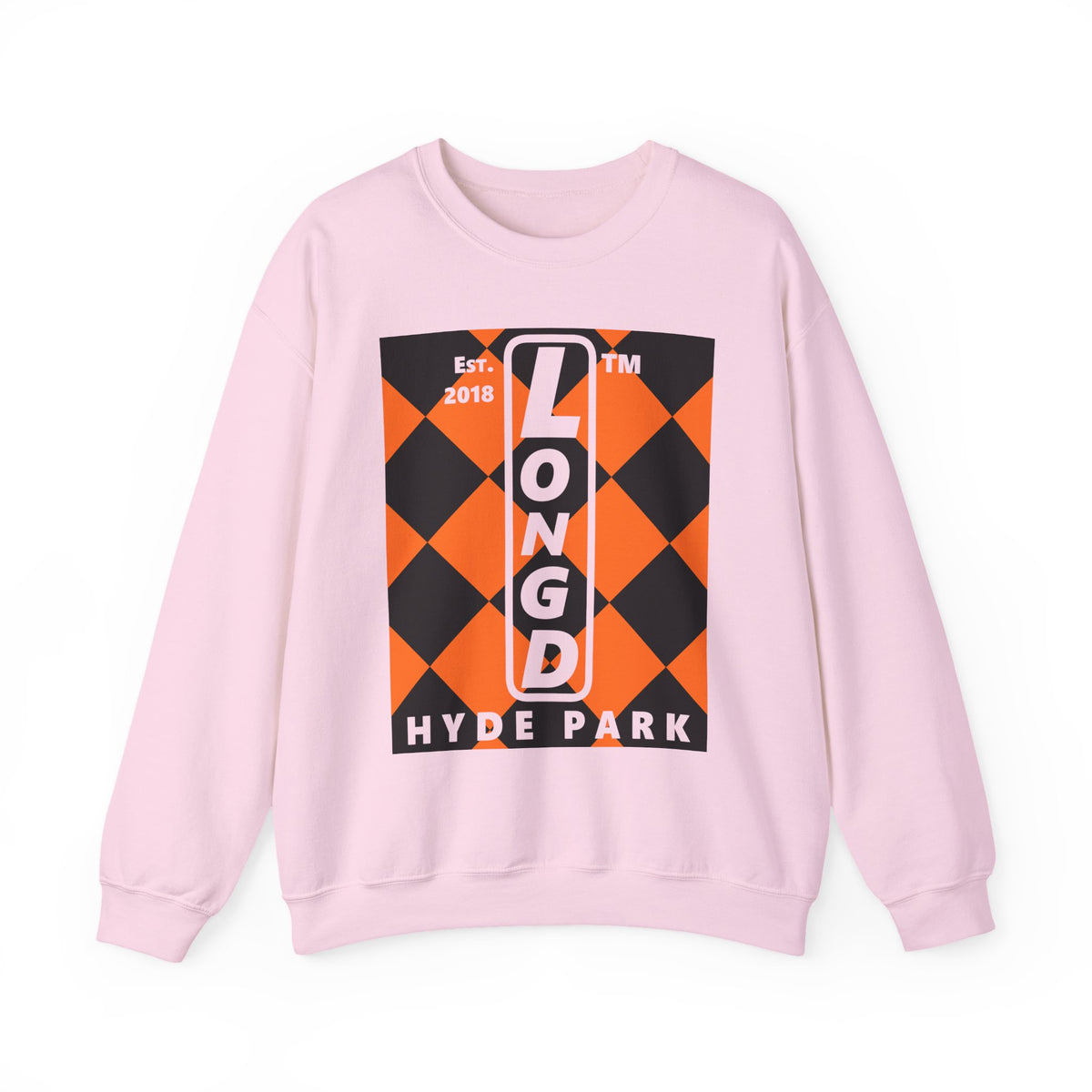 LongD Hyde Park negative upright argyle logo (Halloween colors) crewneck sweatshirt