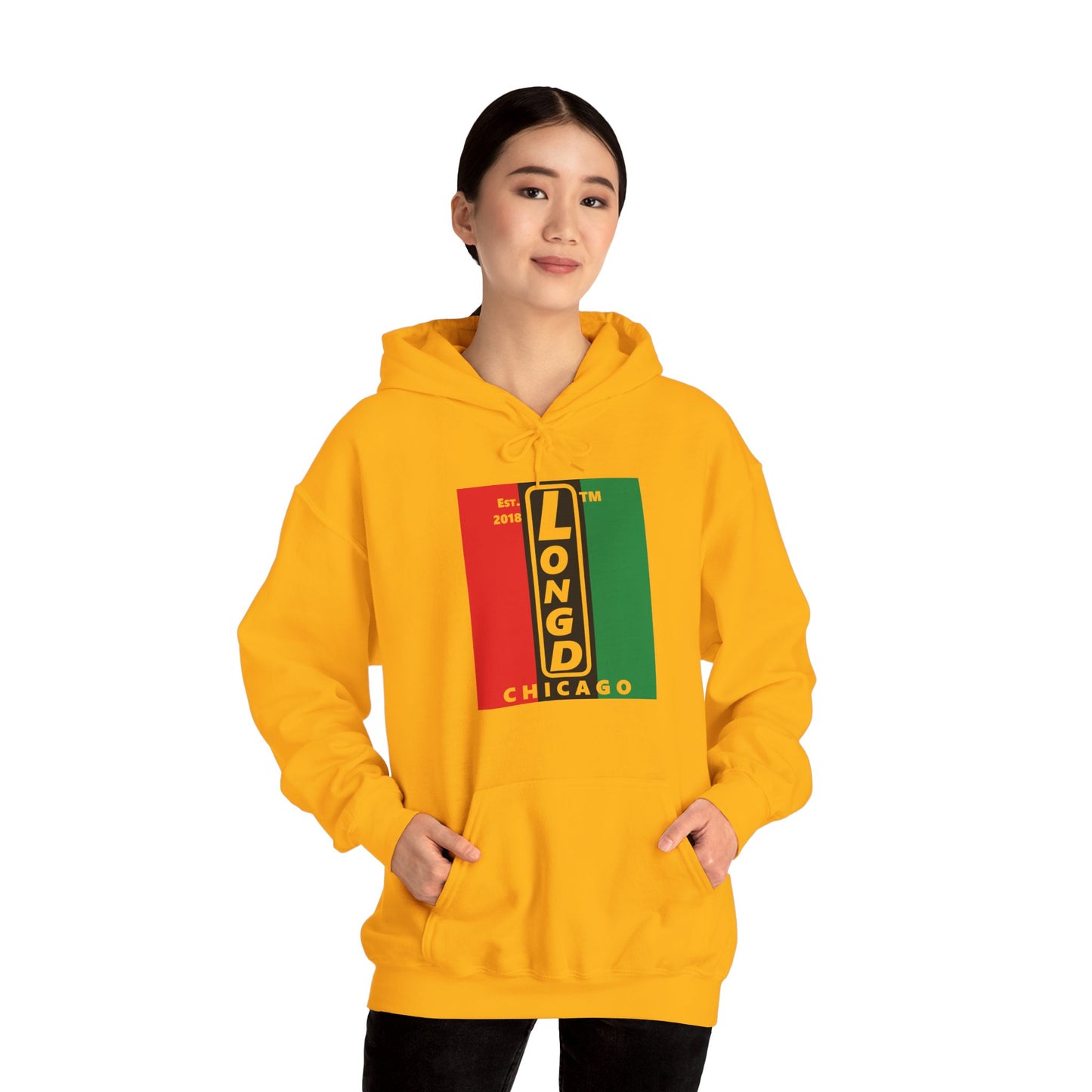 LongD® negative vertical 3-striped upright Chicago logo hoodie (Juneteenth colors)