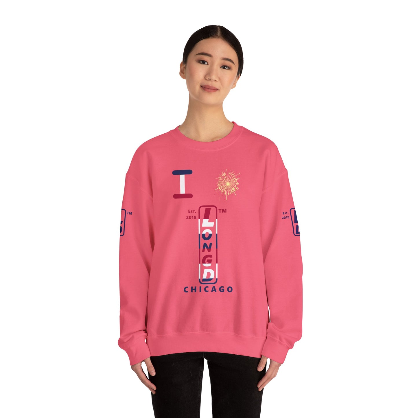 I Burst LongD positive horizontal 6-striped Chicago upright 4-print logo crewneck sweatshirt