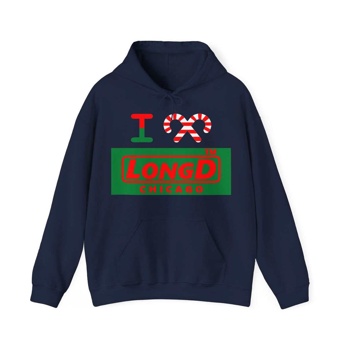 I candy cane LongD Chicago logo positive red on negative green hoodie