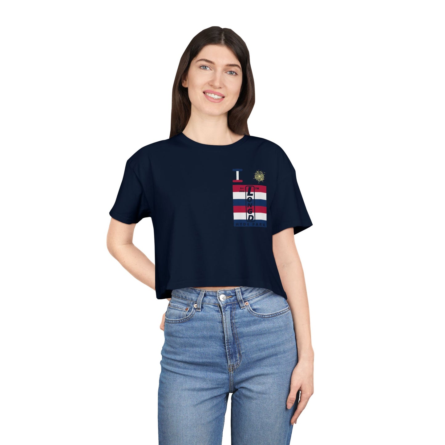 I burst LongD negative horizontal 6-striped upright single-breasted Hyde Park logo crop tee
