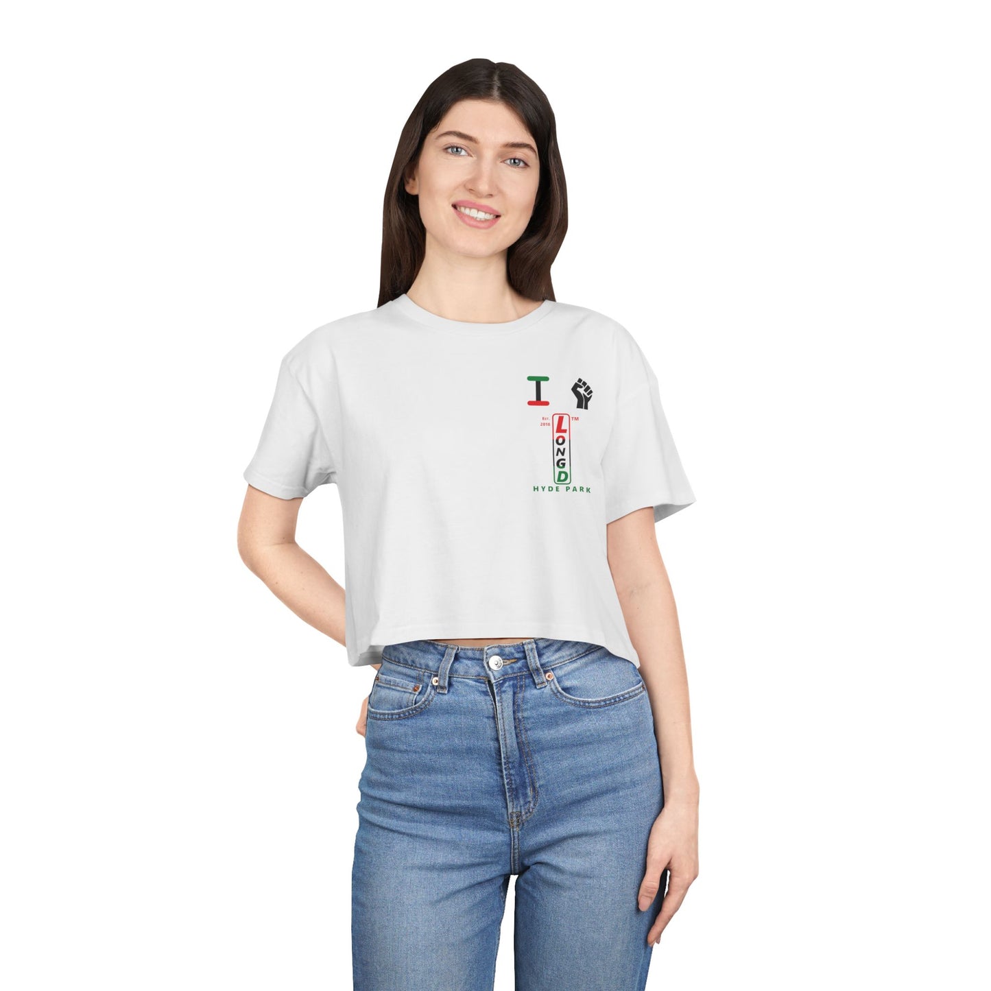 I fist LongD positive horizontal 3-striped upright single-breasted Hyde Park logo crop tee (Juneteenth colors)