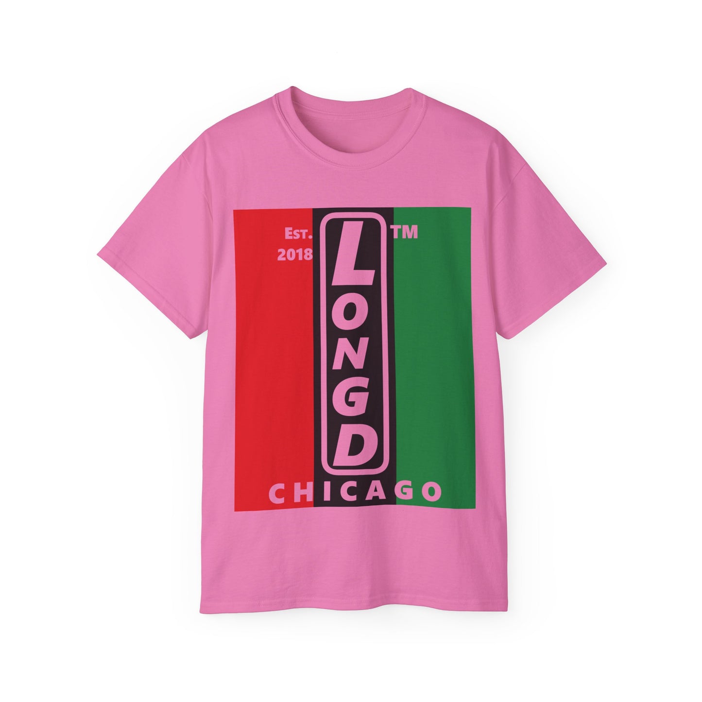 LongD Cotton Tee negative vertical striped Chicago upright logo (Juneteenth colors)