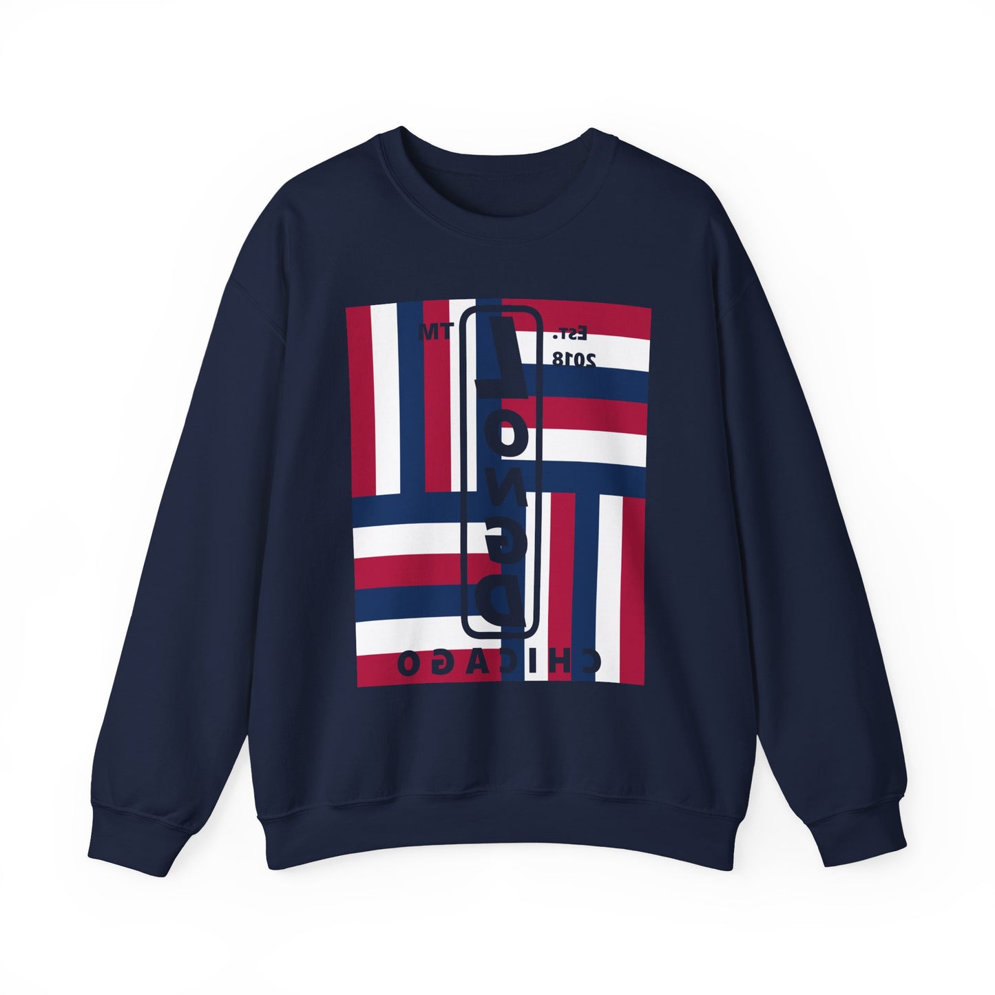 LongD negative rotated windmill Chicago front-back upright logo crewneck sweatshirt (patriotic colors)