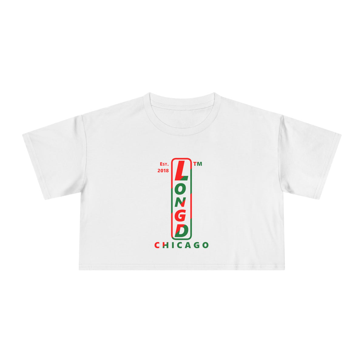 LongD Chicago positive upright pixel-weighted 4-striped logo (Xmas colors) crop tee