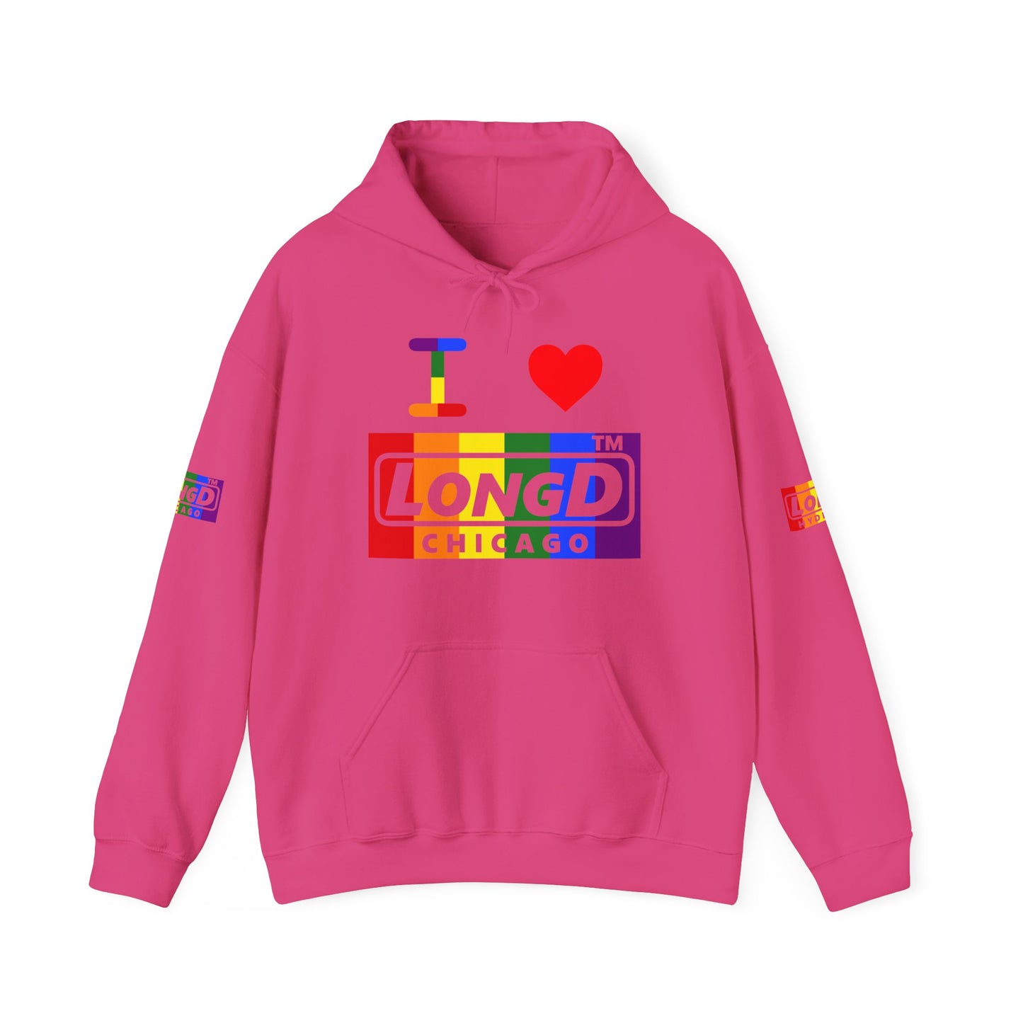 I Luv LongD® negative vertical striped 4-print Chicago logo hoodie (Pride colors)