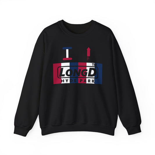 I firecracker LongD negative vertical 6-striped Hyde Park logo crewneck sweatshirt
