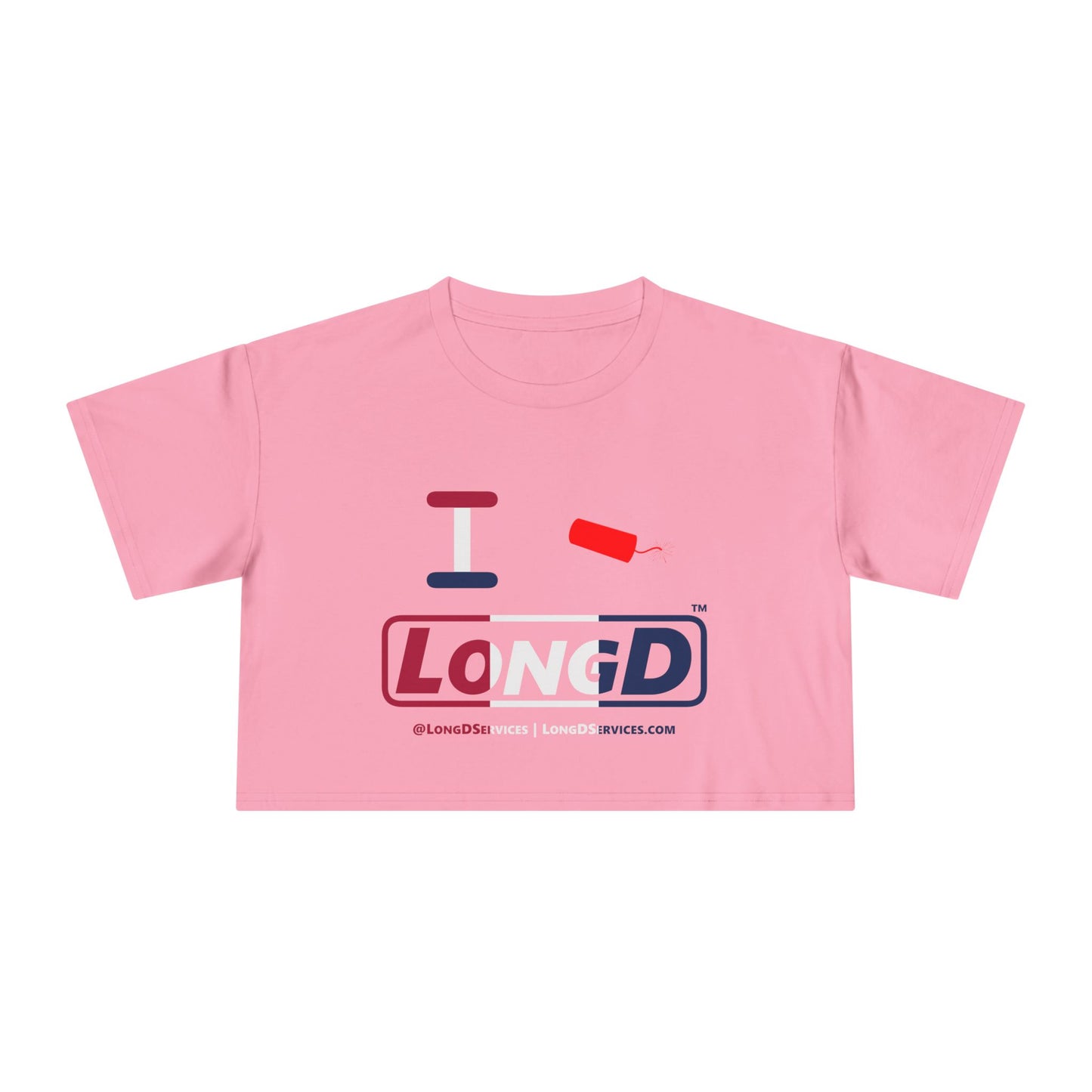 I Firecracker LongD Logo Women's Crop Tee Red, White & Blue positive thirds