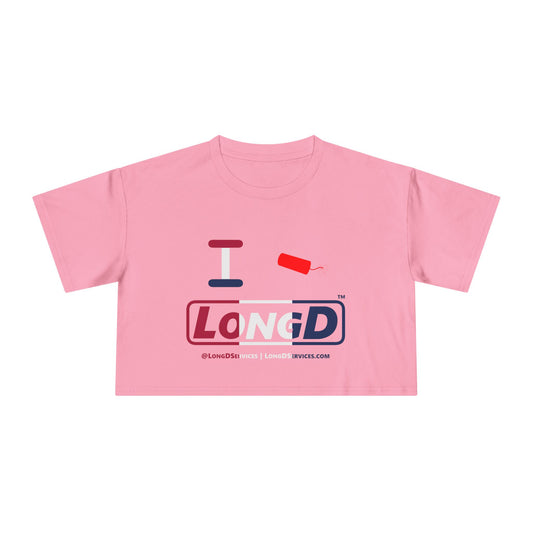 I Firecracker LongD Logo Women's Crop Tee Red, White & Blue positive thirds
