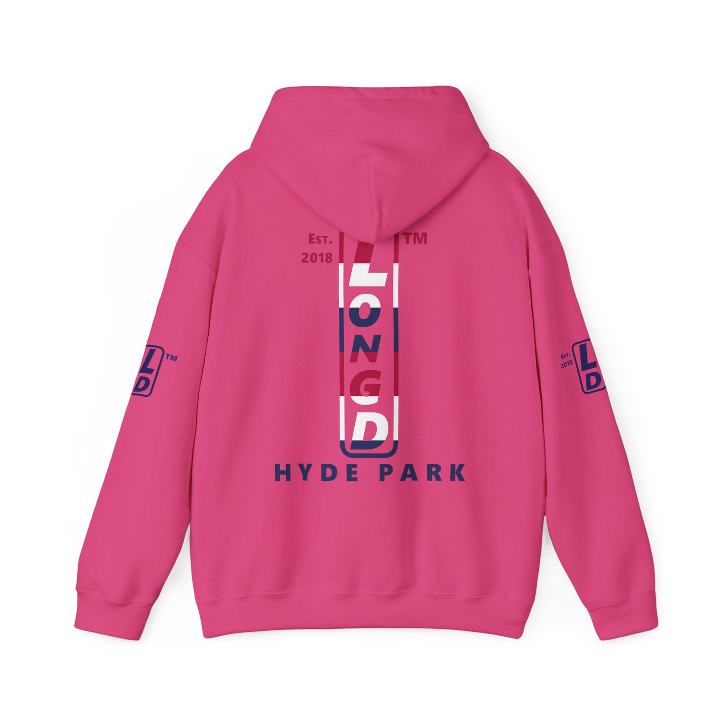 LongD® positive horizontal 6-striped Hyde Park 4-print upright logo hoodie (patriotic colors)