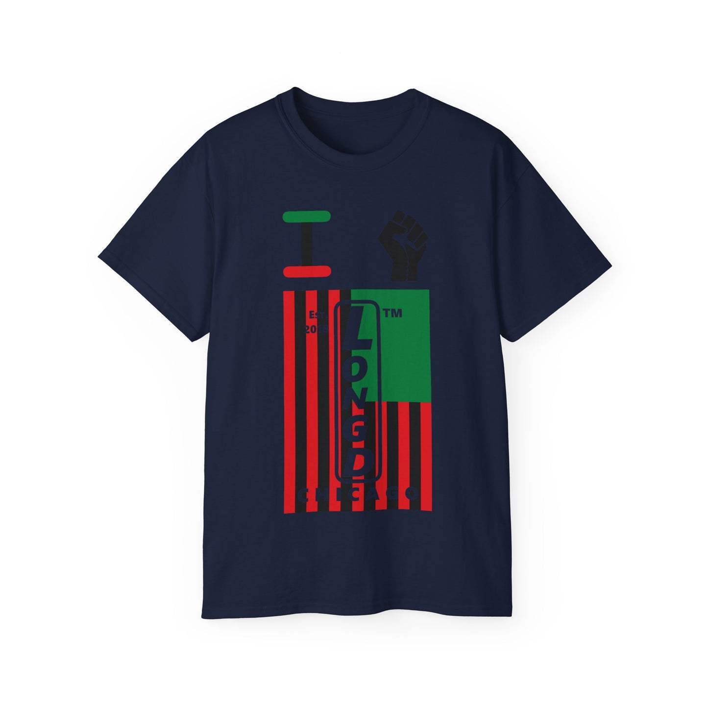 I fist LongD Cotton Tee negative flag Chicago upright logo (Juneteenth colors)