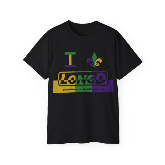 I Fleur LongD® Logo Cotton Tee (Mardi Gras colored text, positive top logo, negative bottom logo & black fleur de lis)