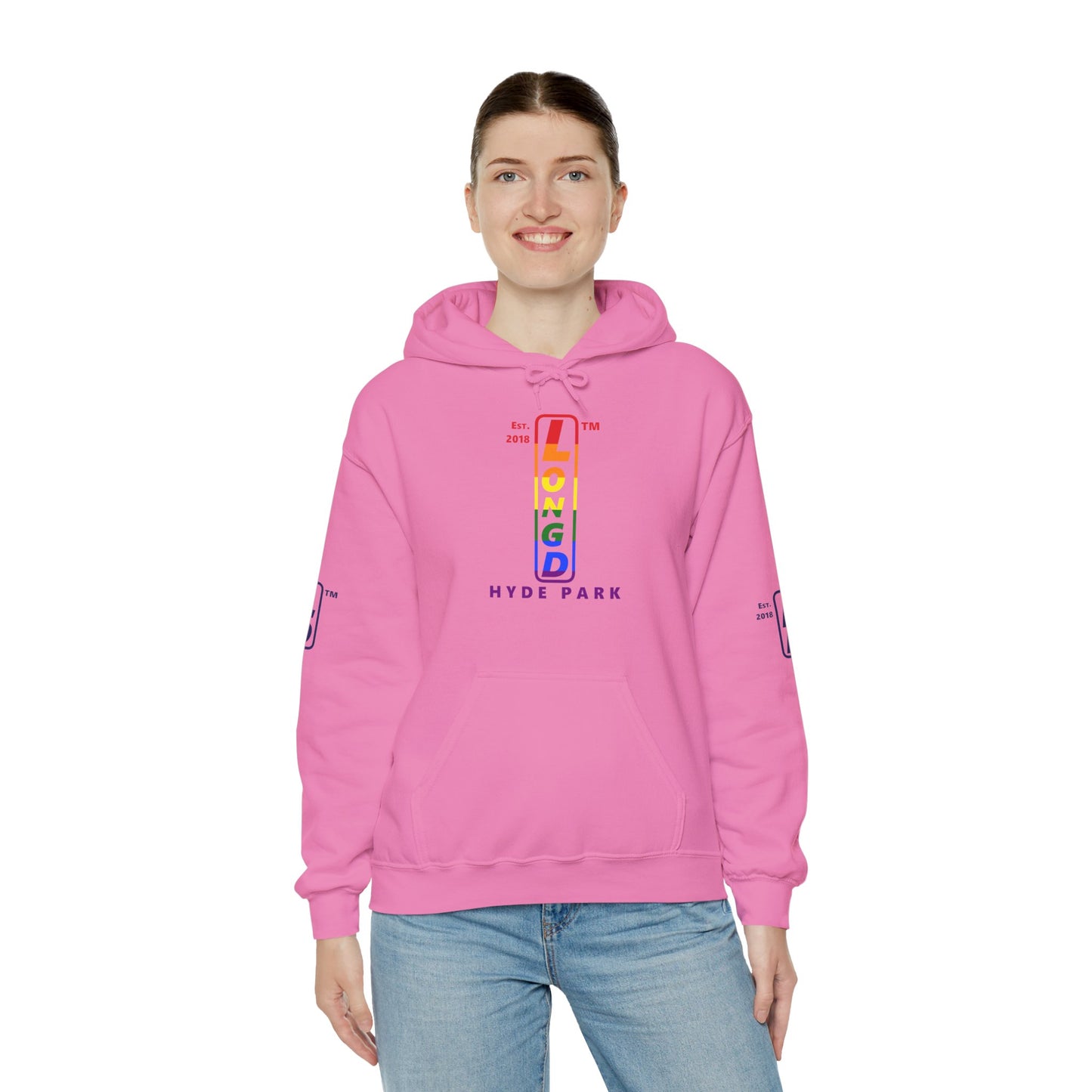 LongD® positive horizontal 6-striped Hyde Park 4-print upright logo hoodie (Pride colors)