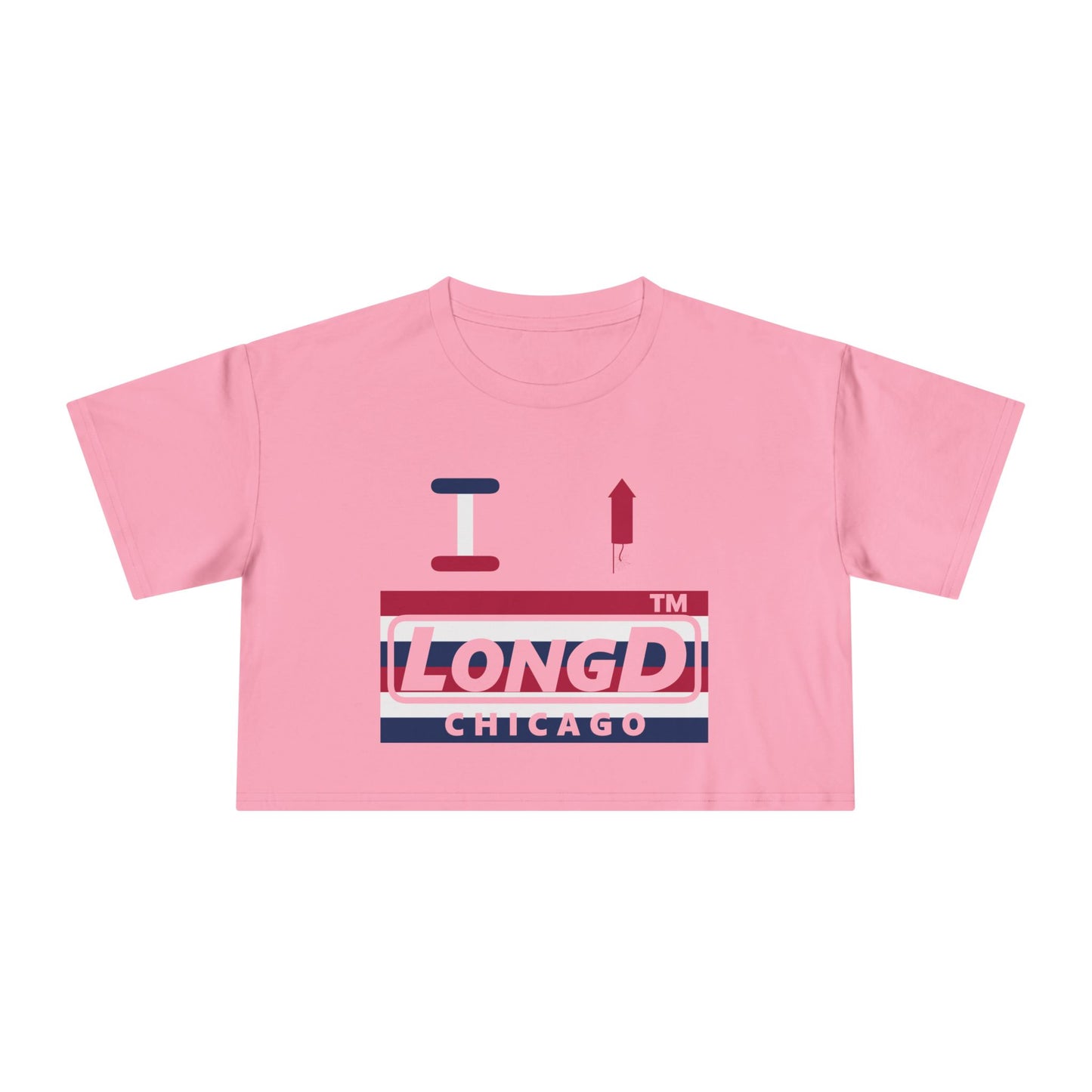 I firecracker LongD negative horizontal 6-striped Chicago Logo Crop Tee (Patriotic colors)