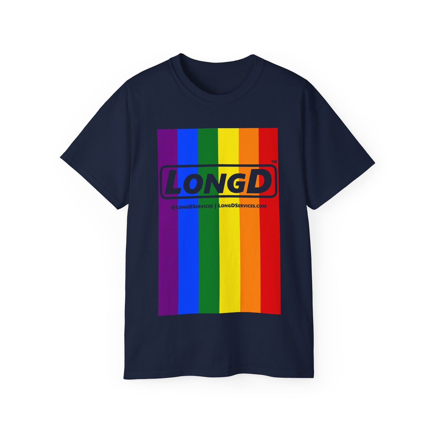 LongD® Logo Cotton Tee Pride rainbow vertical flag negative text