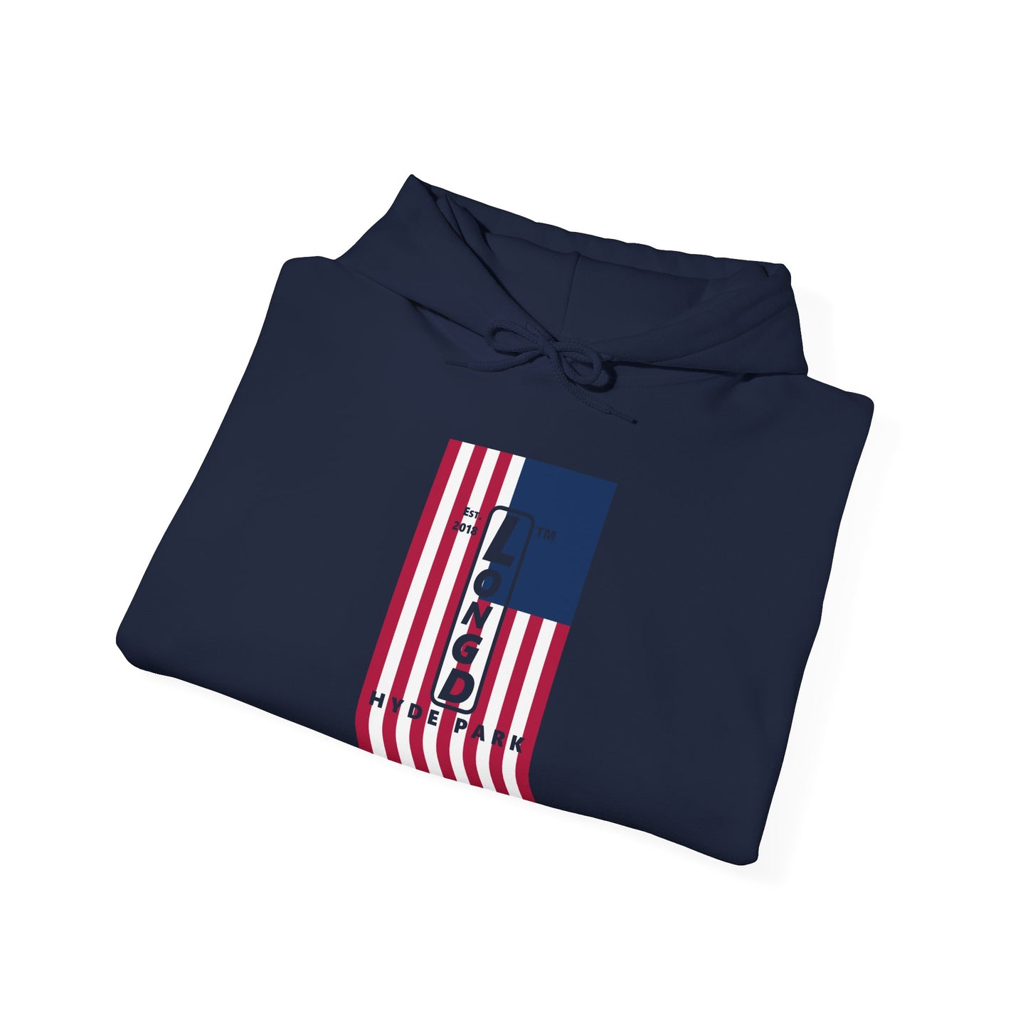 LongD® negative flag upright Hyde Park logo hoodie (Patriotic colors)