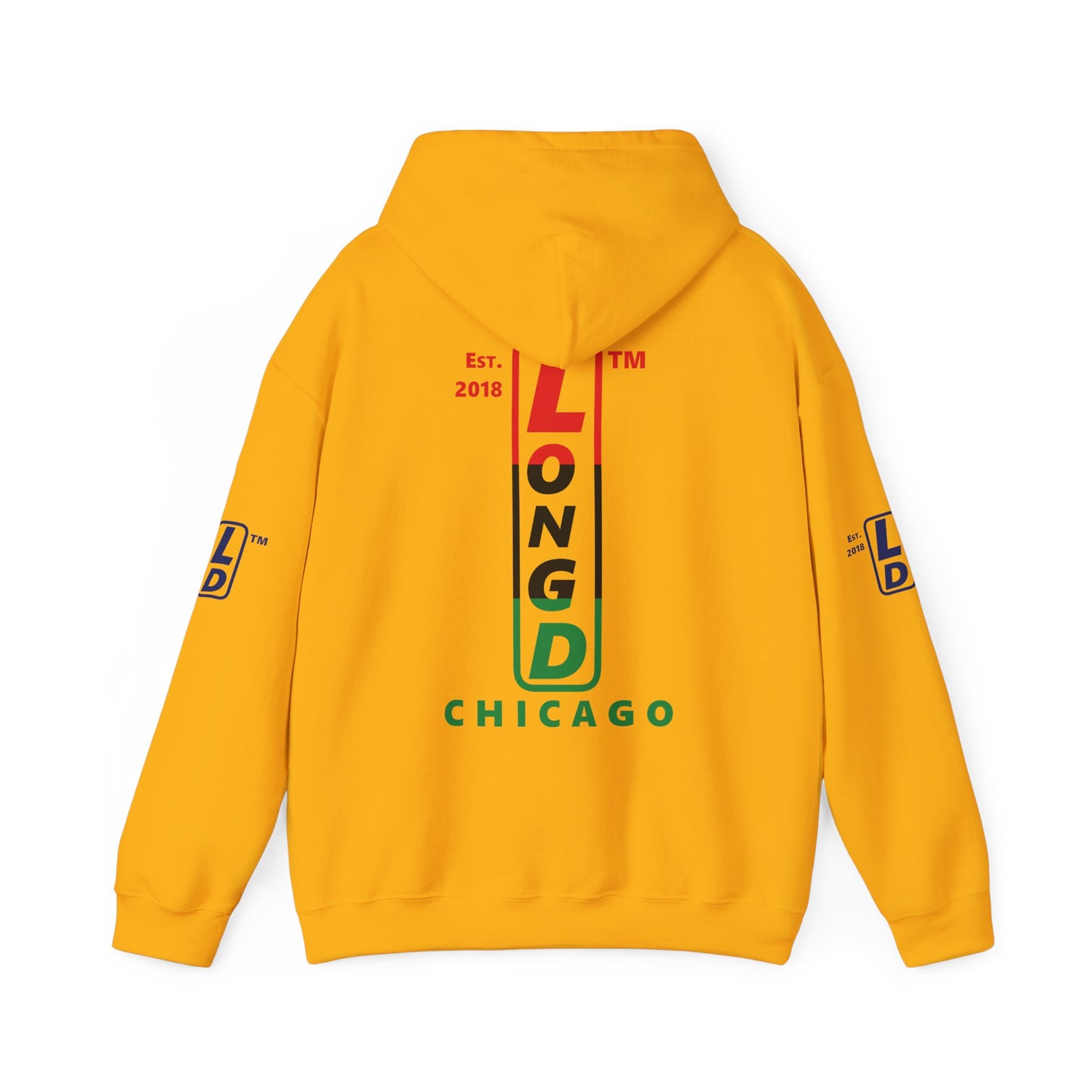 LongD® positive horizontal 3-striped Chicago 4-print upright logo hoodie (Juneteenth colors)
