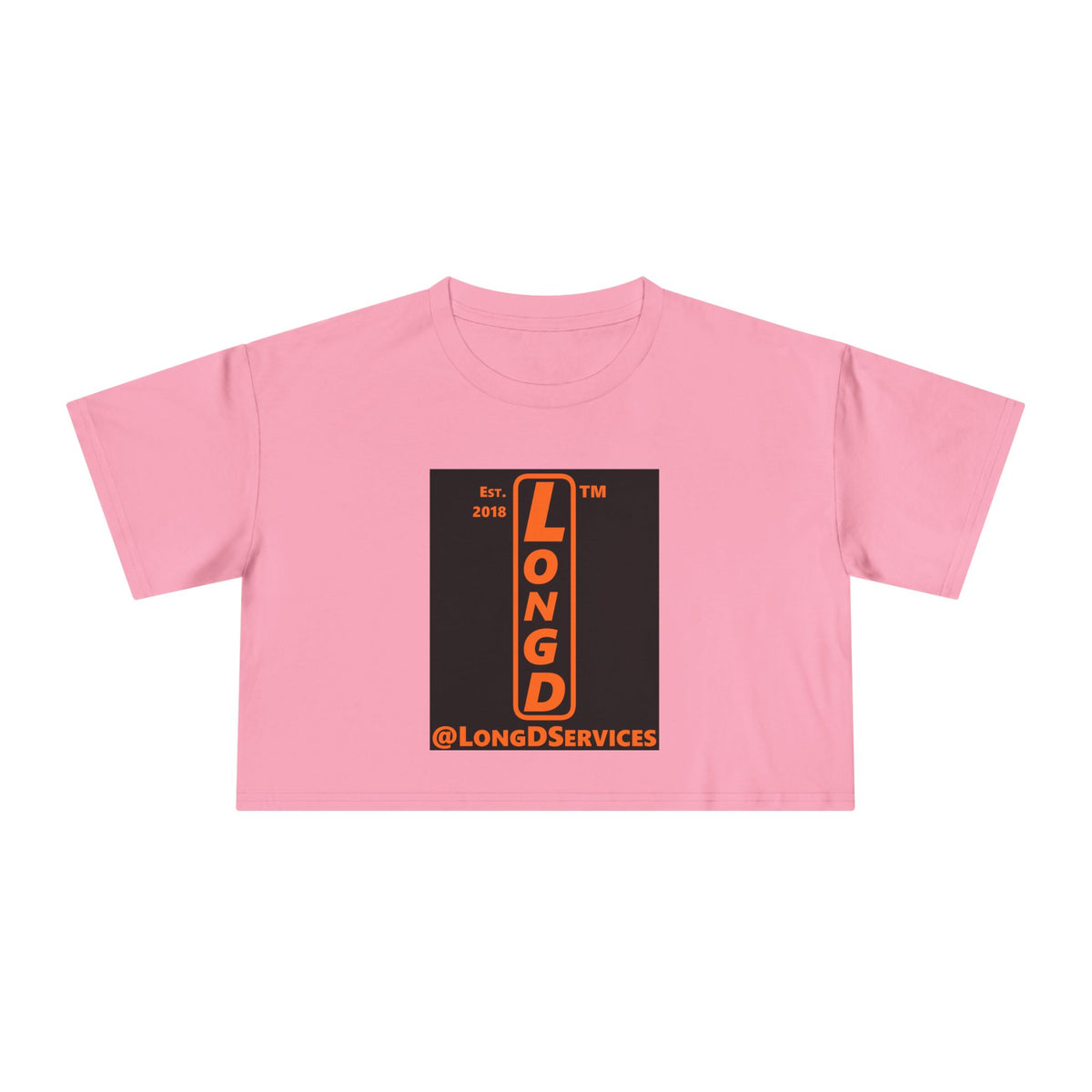LongD Tag upright front-back logo orange (FE7518) on Black (000000) crop tee
