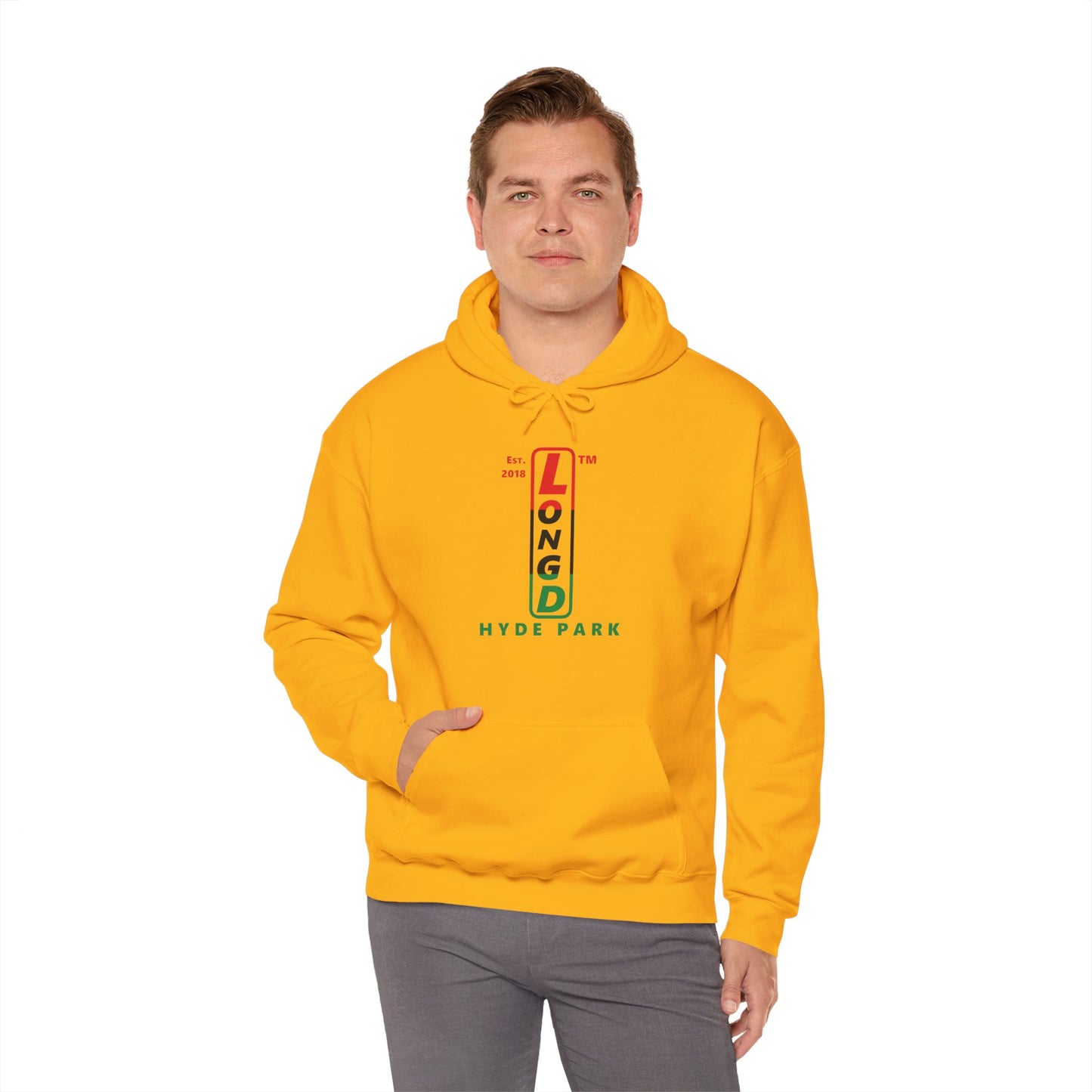 LongD® positive horizontal 3-striped upright Hyde Park logo hoodie (Juneteenth colors)