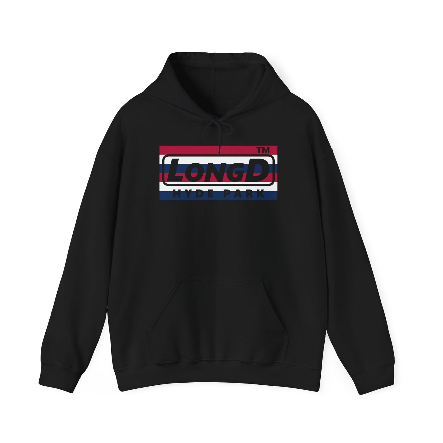 LongD® negative horizontal 6-striped Hyde Park logo hoodie (patriotic colors)