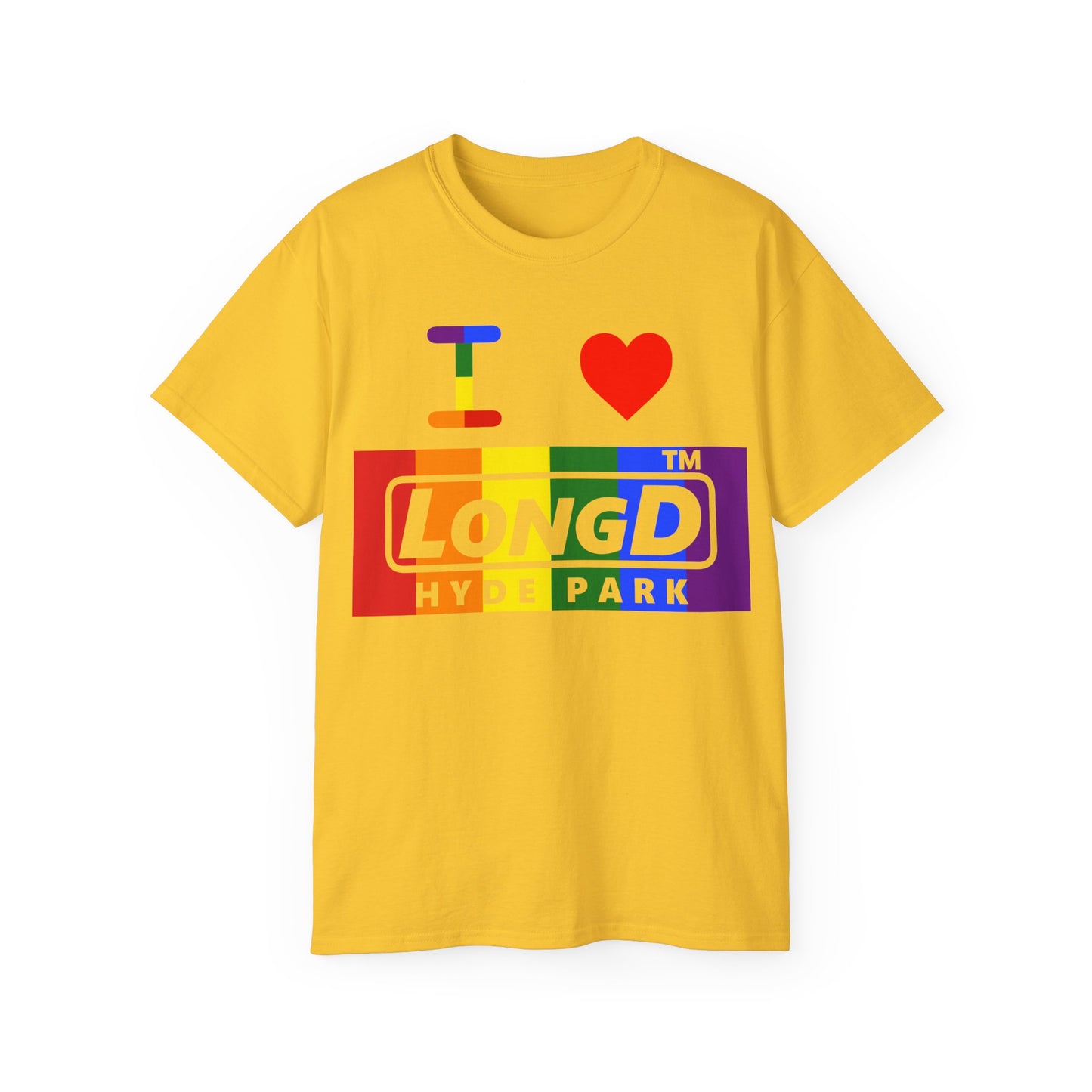 I Luv LongD negative vertical striped Hyde Park logo cotton tee (Pride colors)