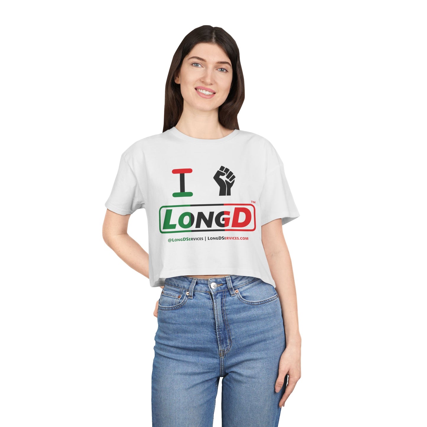 I Fist LongD Logo Women's Crop Tee (Black fist and Juneteenth positive thirds logo)