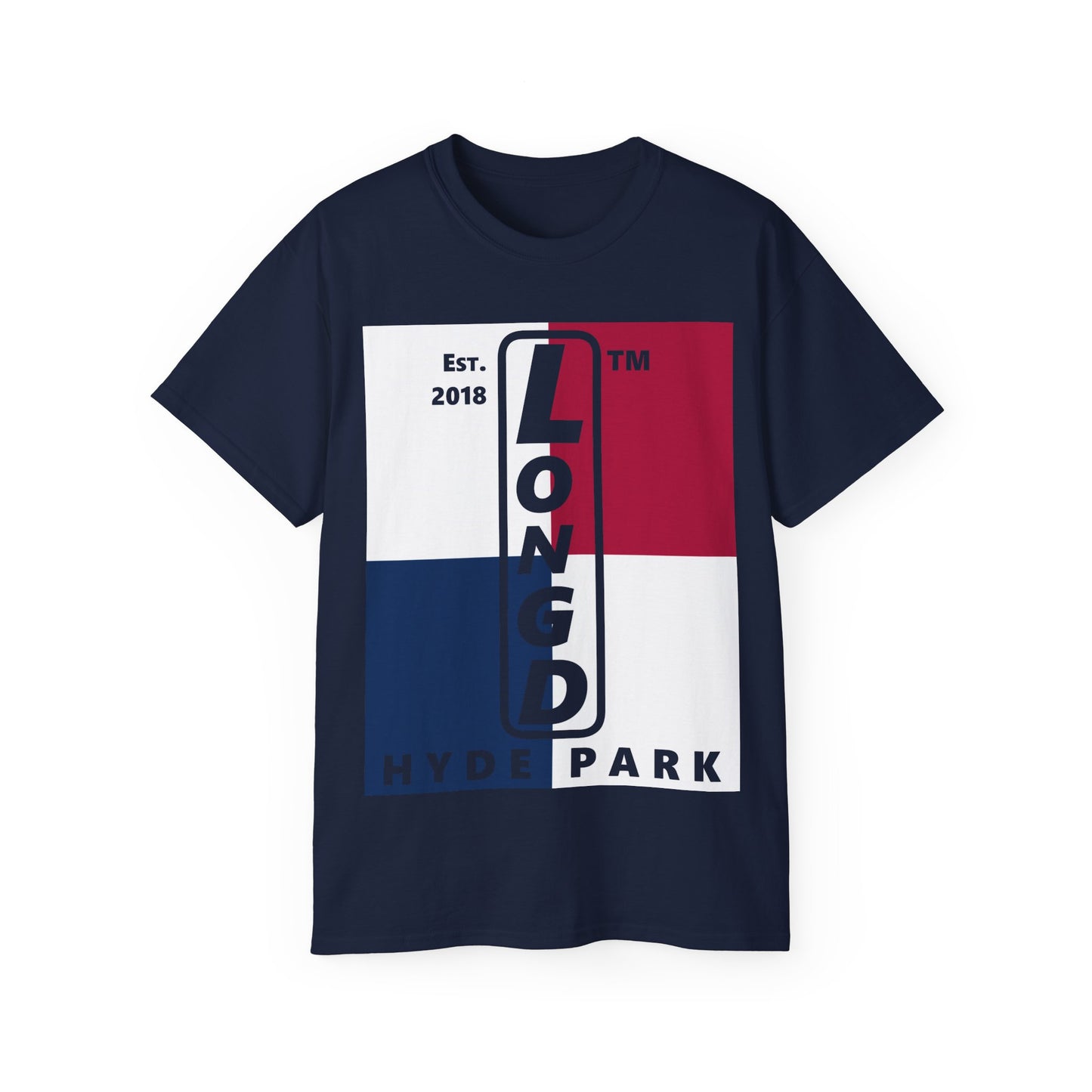 LongD cotton tee negative quarters Hyde Park upright logo (Patriotic colors)
