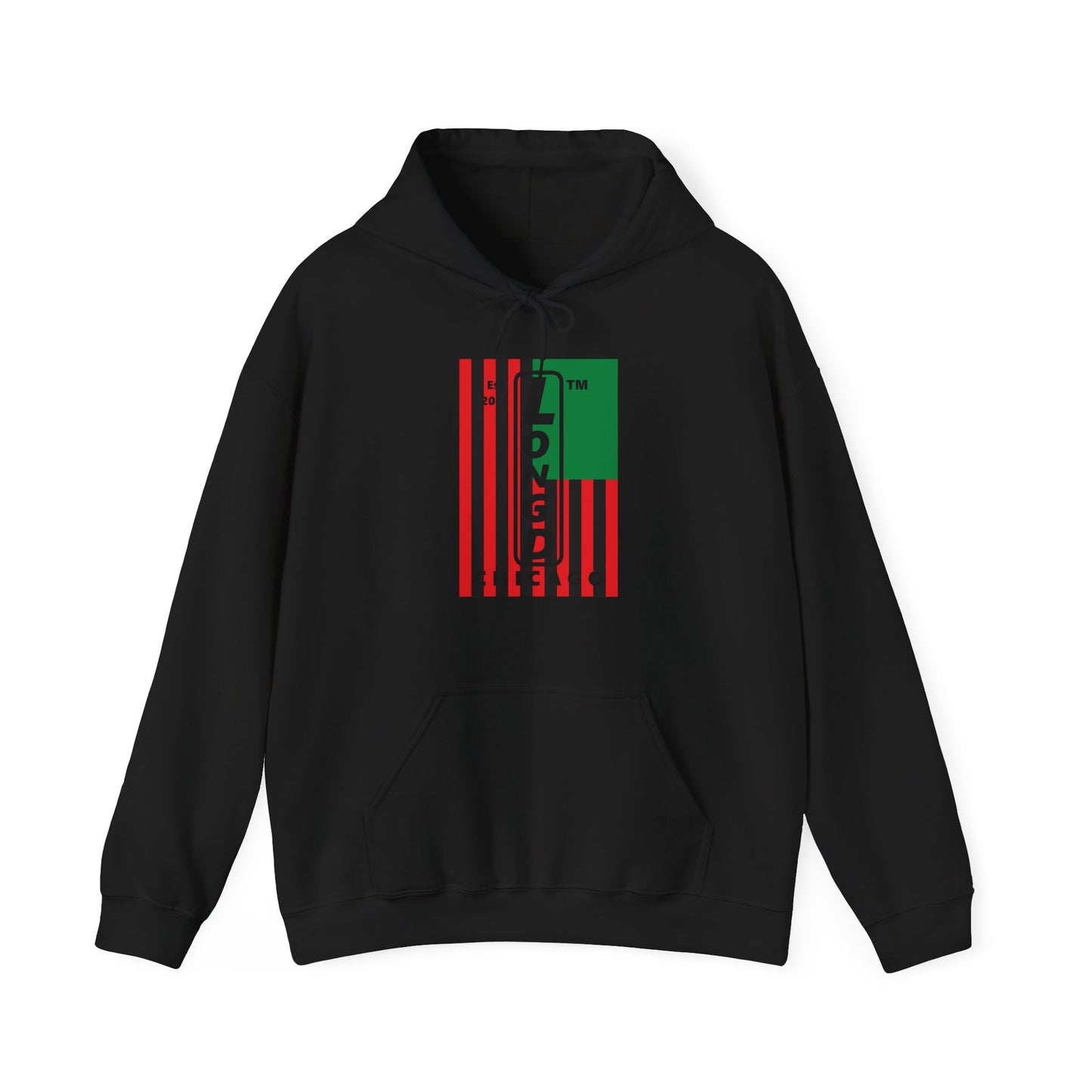 LongD® negative cropped flag upright Chicago logo hoodie (Juneteenth colors)