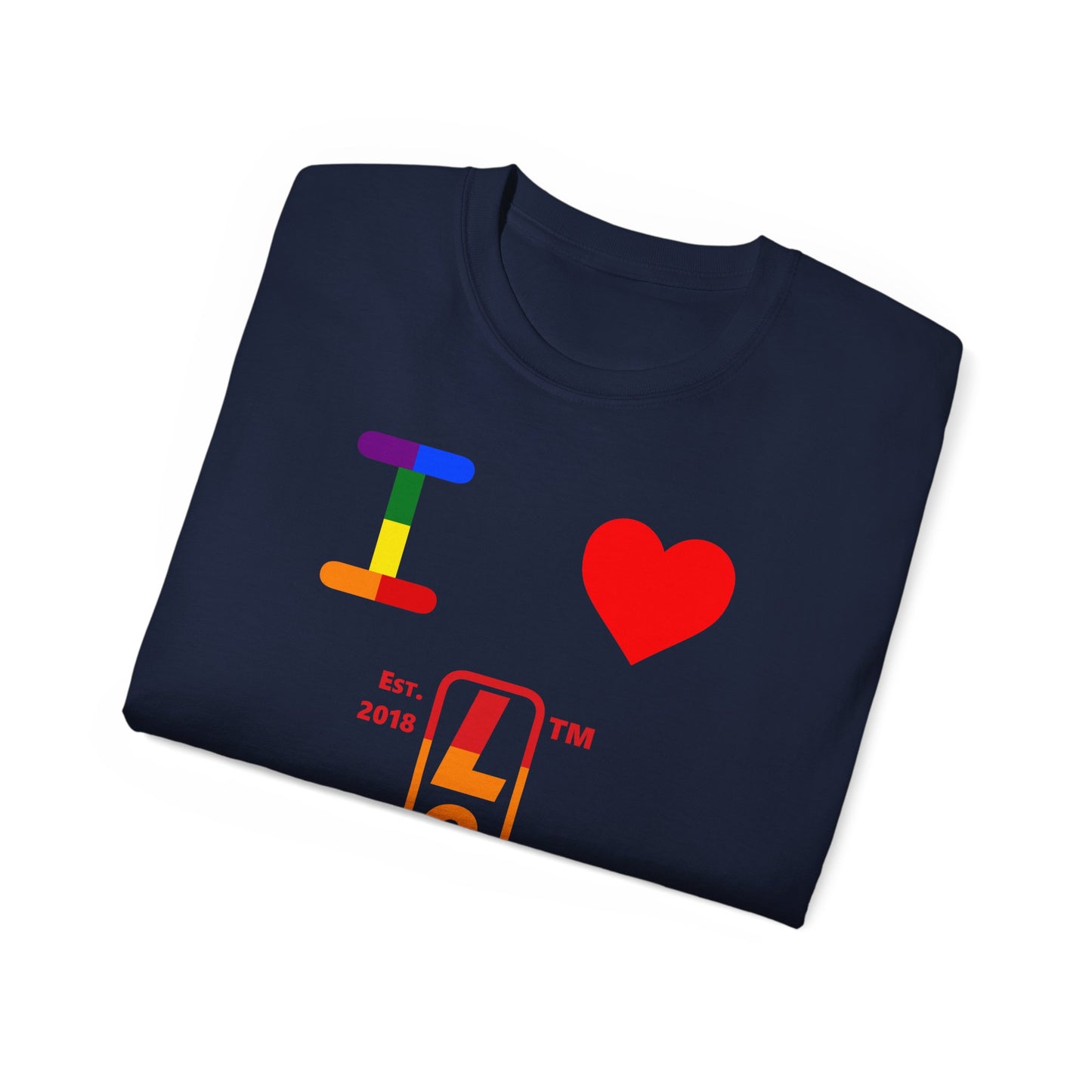 I Luv LongD Cotton Tee positive horizontal striped Chicago upright logo (Pride colors)