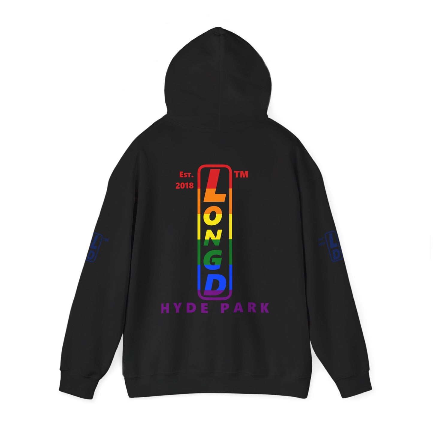 LongD® positive horizontal 6-striped Hyde Park 4-print upright logo hoodie (Pride colors)