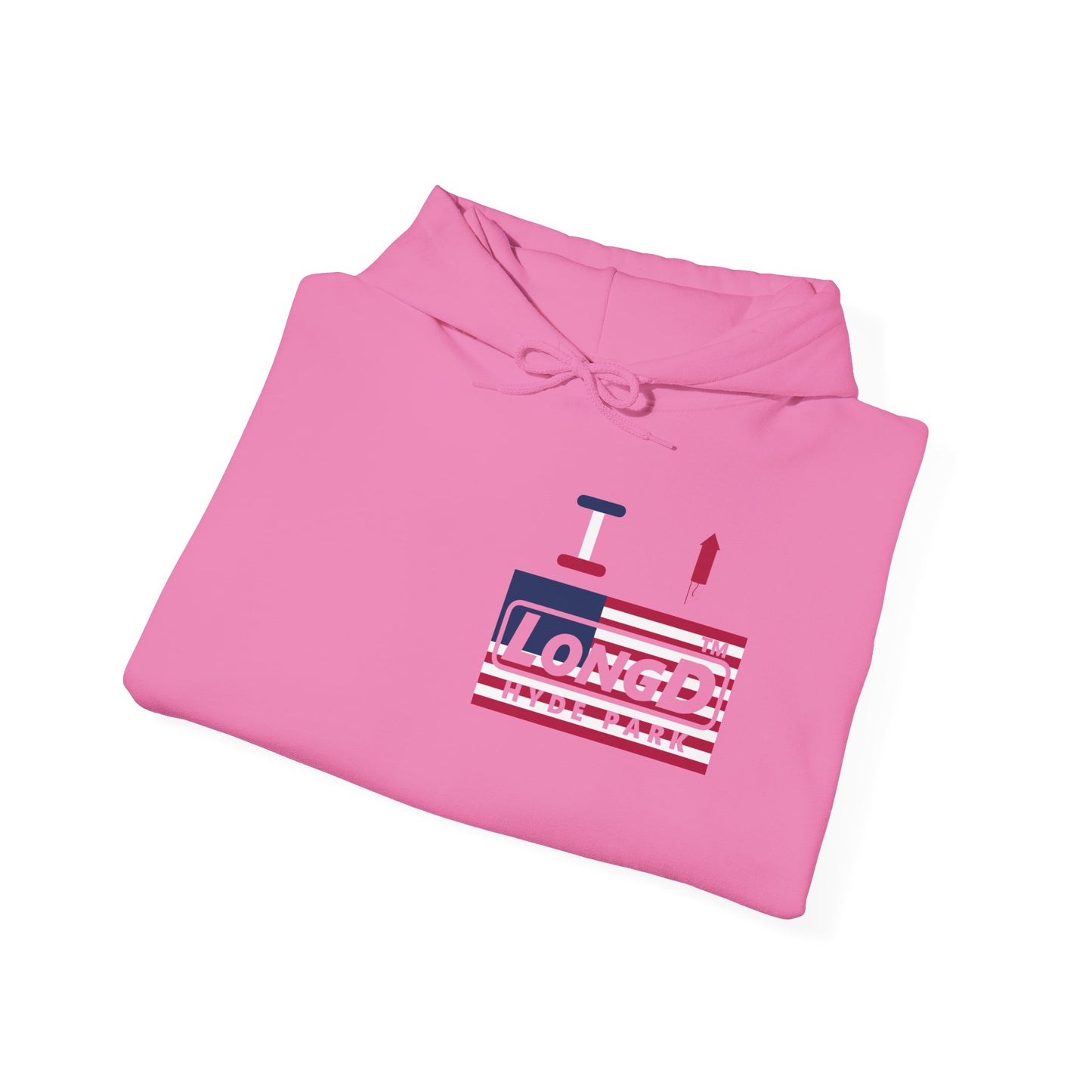 I firecracker LongD® negative flag front-back single breasted Hyde Park logo hoodie