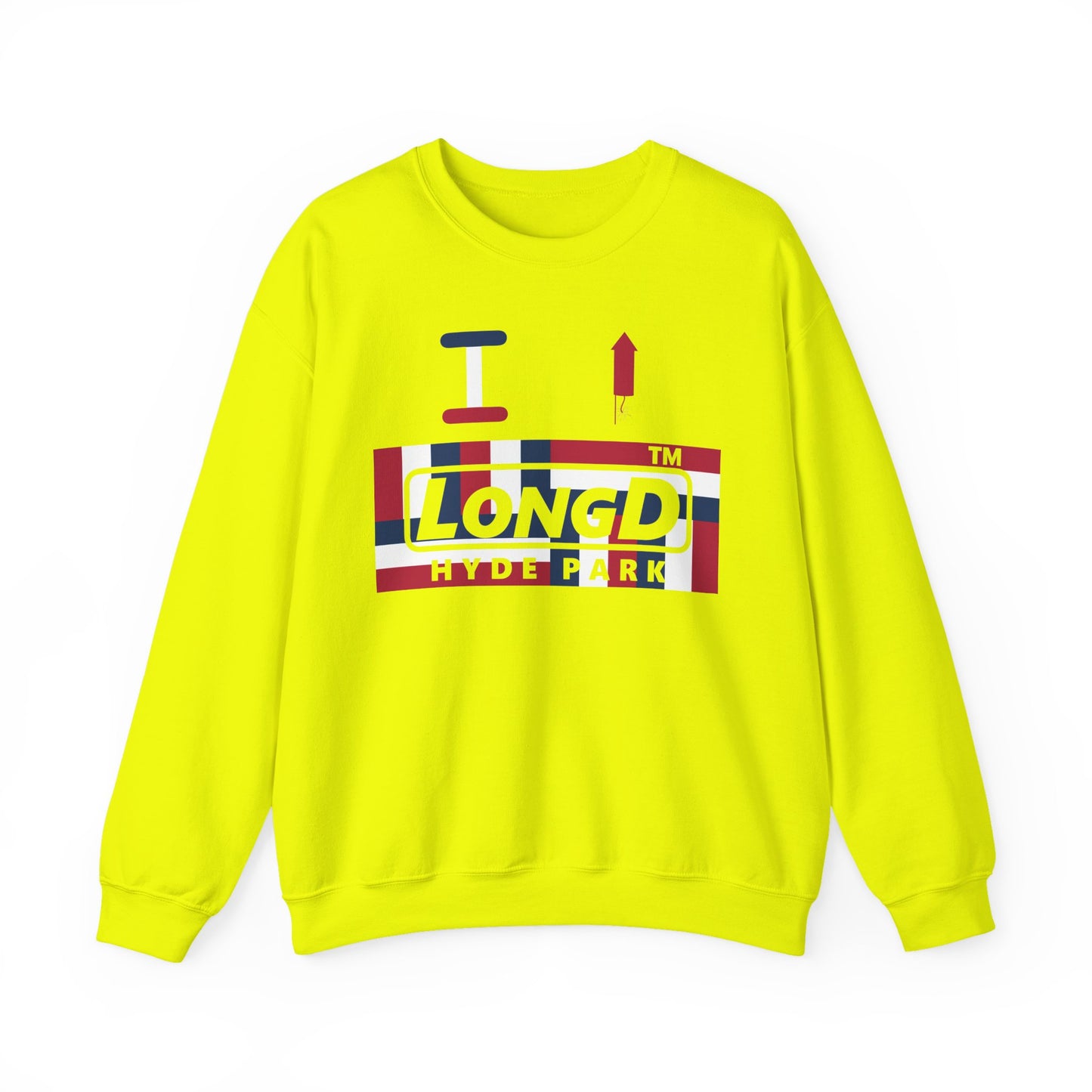 I firecracker LongD negative modified windmill Hyde Park logo crewneck sweatshirt