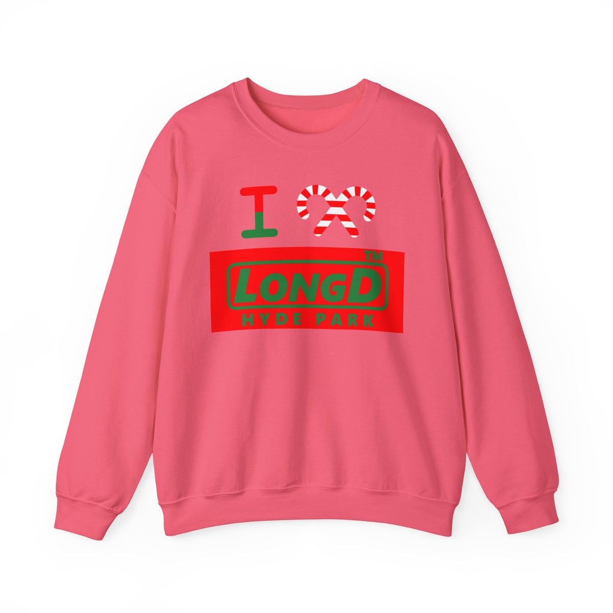 I candy cane LongD Hyde Park logo positive green on negative red crewneck sweatshirt