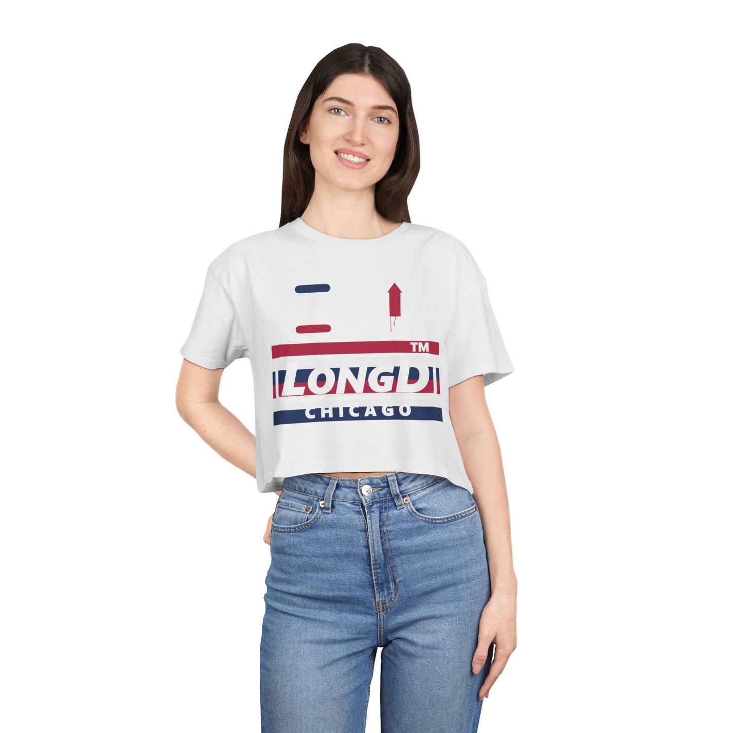 I firecracker LongD negative horizontal 6-striped Chicago Logo Crop Tee (Patriotic colors)