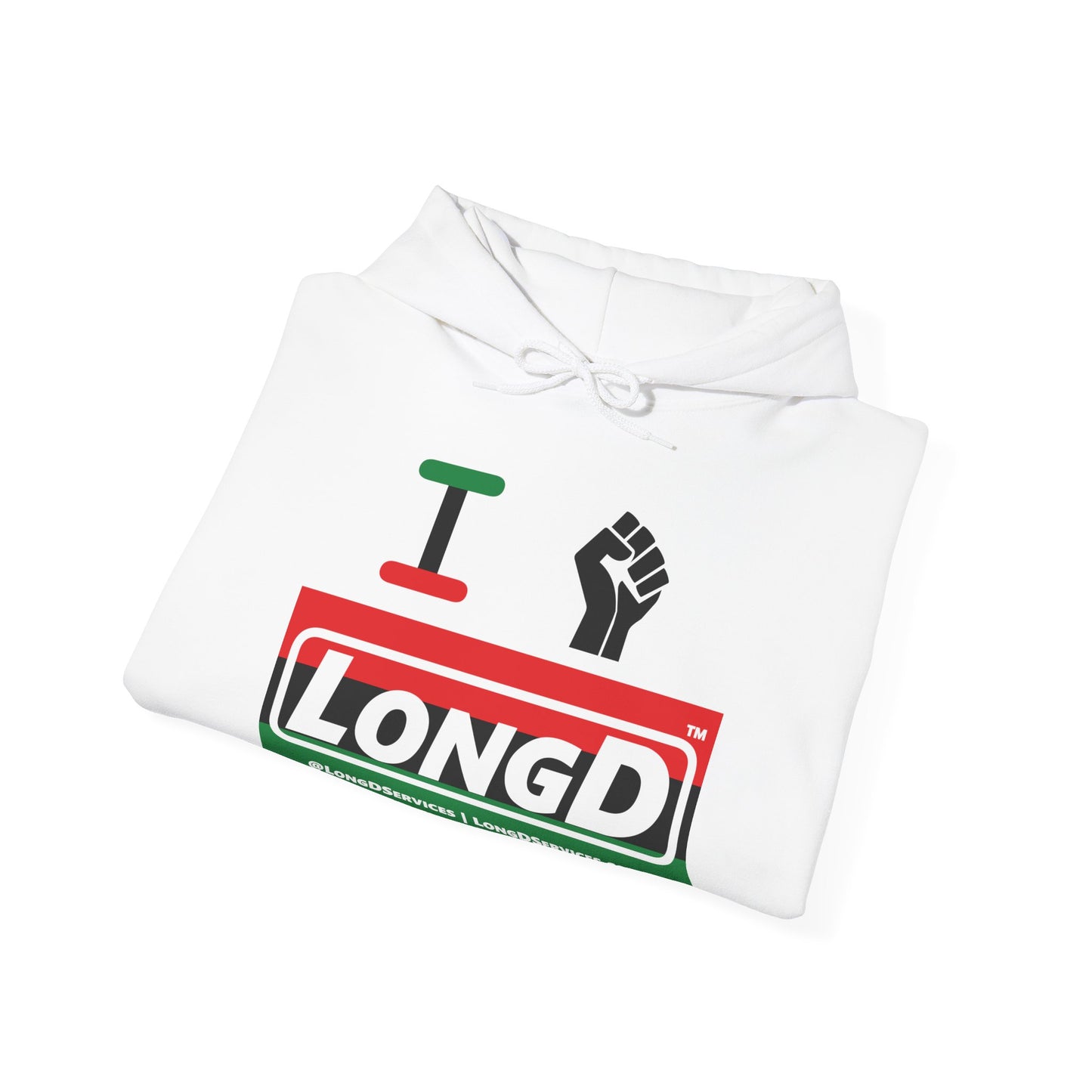 I Fist LongD® Logo Hoodie with Juneteenth black fist striped negative text