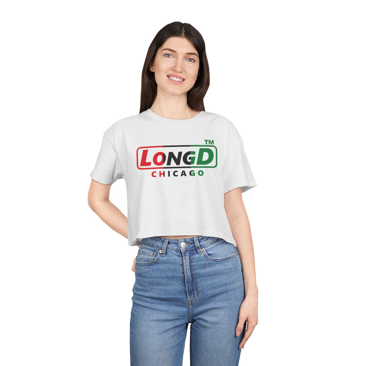 LongD positive vertical 3-striped Chicago logo crop tee (Juneteenth colors)