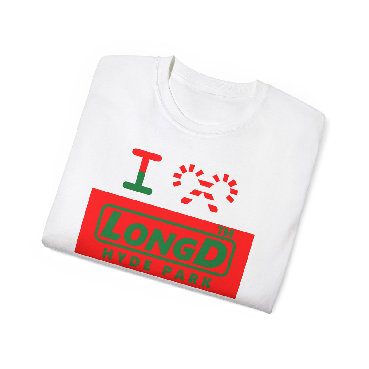 I candy cane LongD Hyde Park logo positive green on negative red cotton tee