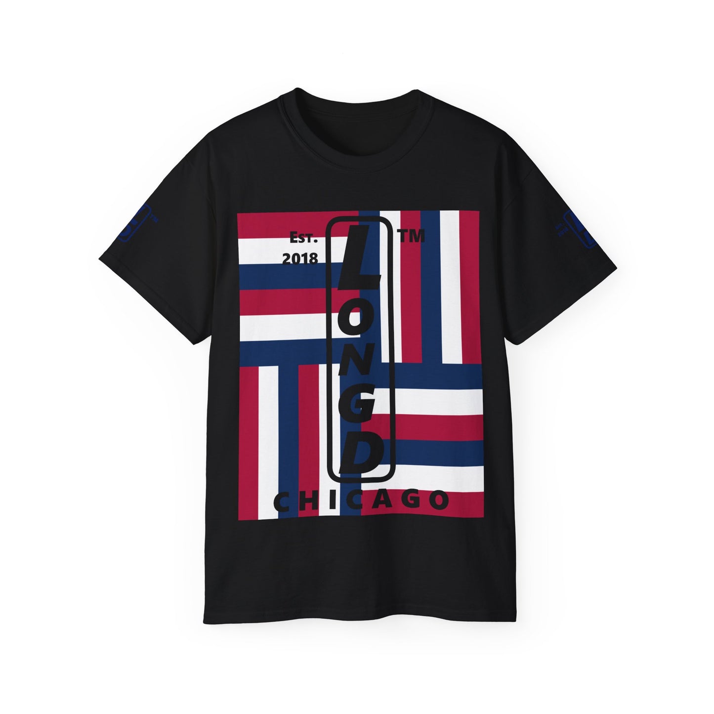 LongD cotton tee negative windmill 4-print Chicago upright logo (Patriotic colors)