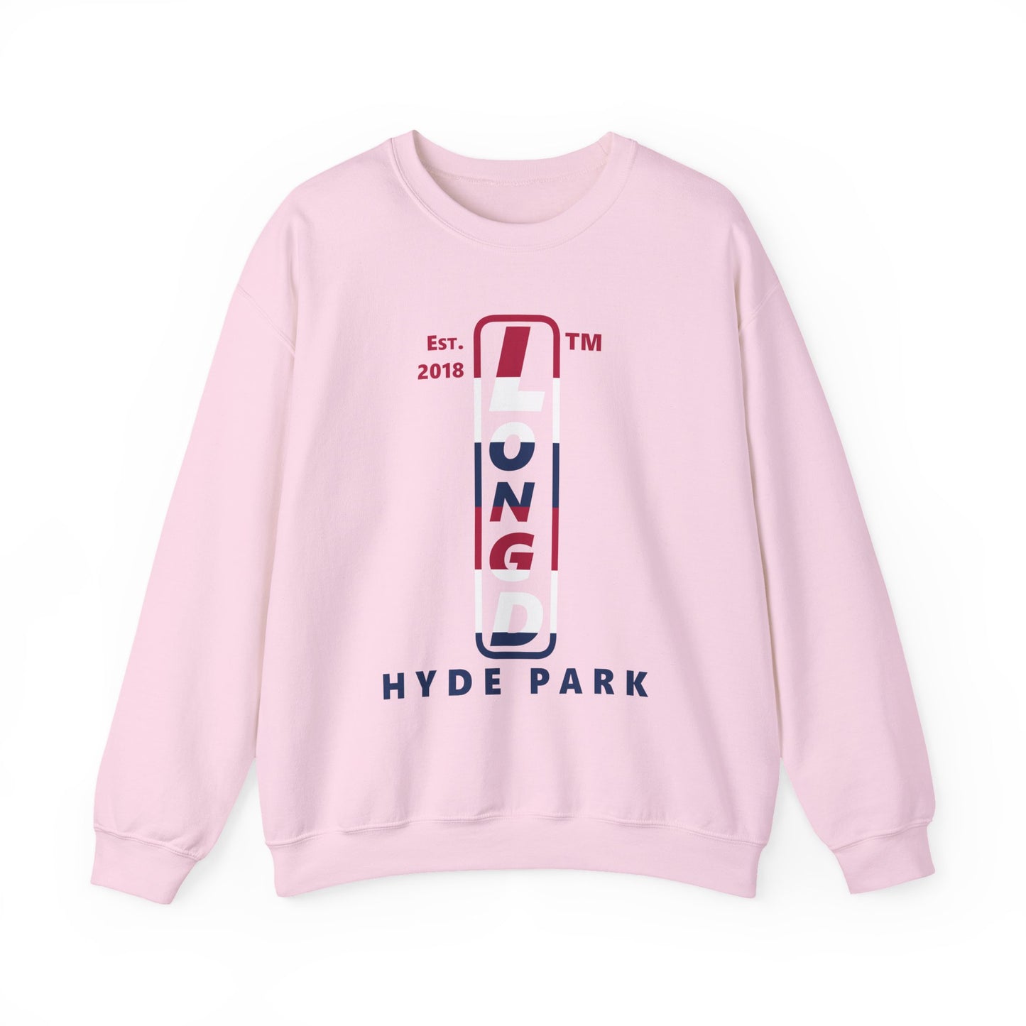LongD positive horizontal 6-striped Hyde Park upright logo crewneck sweatshirt (patriotic colors)