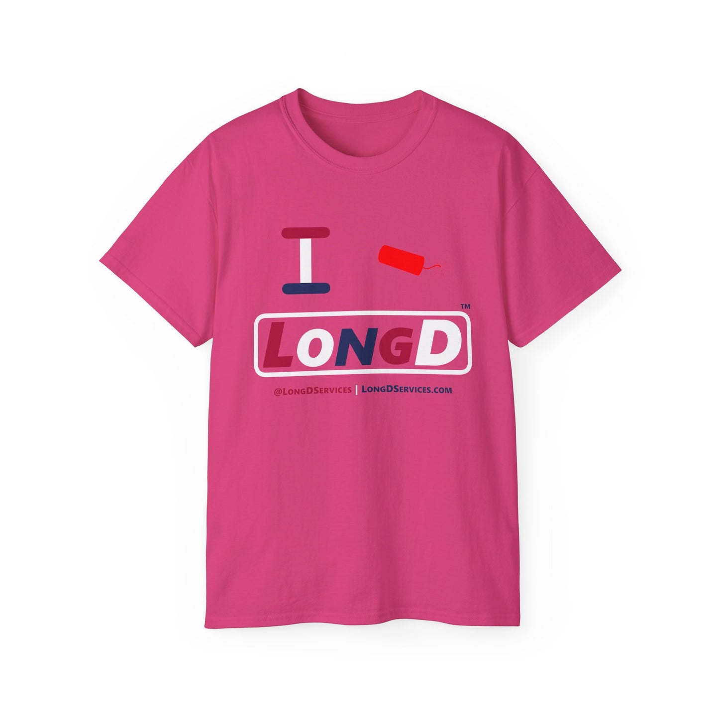 I Firecracker LongD® Logo Cotton Tee Red, White and Blue positive varied elements text