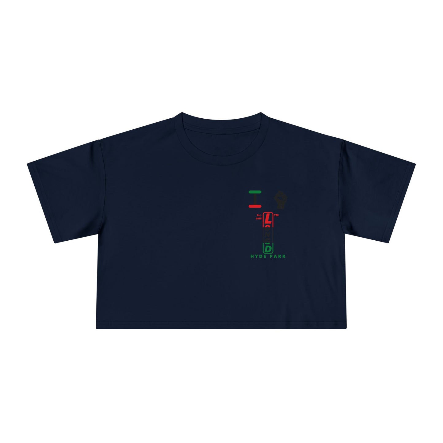 I fist LongD positive horizontal 3-striped upright single-breasted Hyde Park logo crop tee (Juneteenth colors)
