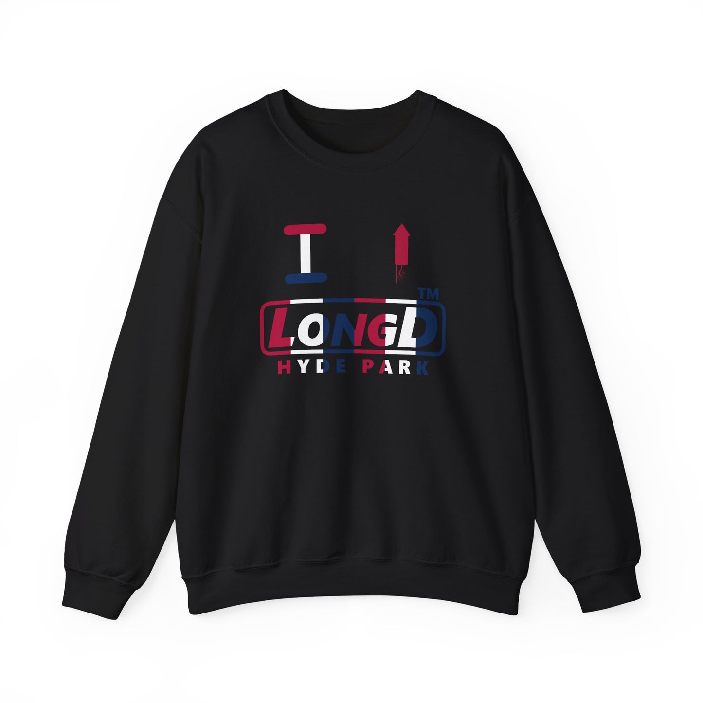 I firecracker LongD positive vertical 6-striped Hyde Park logo crewneck sweatshirt