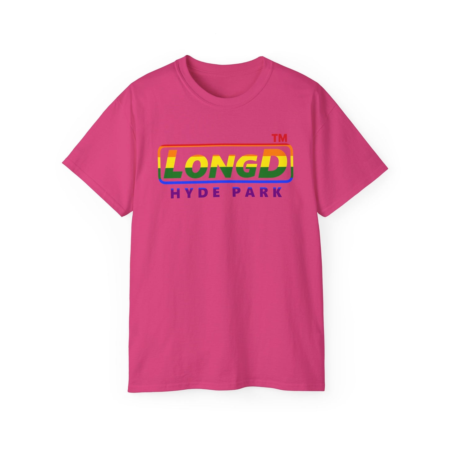 LongD positive vertical striped front-back Hyde Park logo cotton tee (Pride colors)