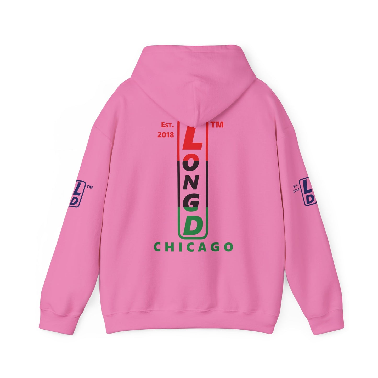 LongD® positive horizontal 3-striped Chicago 4-print upright logo hoodie (Juneteenth colors)