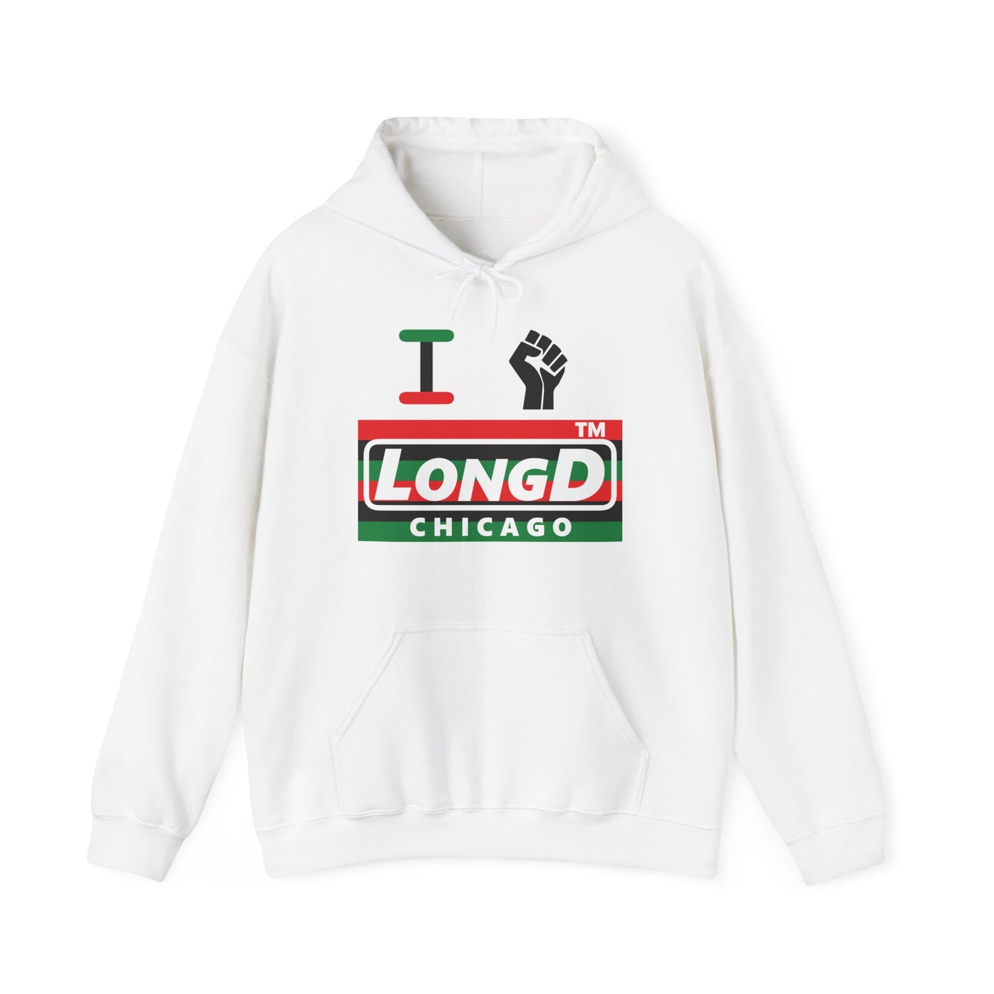 I fist LongD® negative horizontal 6-striped Chicago logo Hoodie (Juneteenth colors)