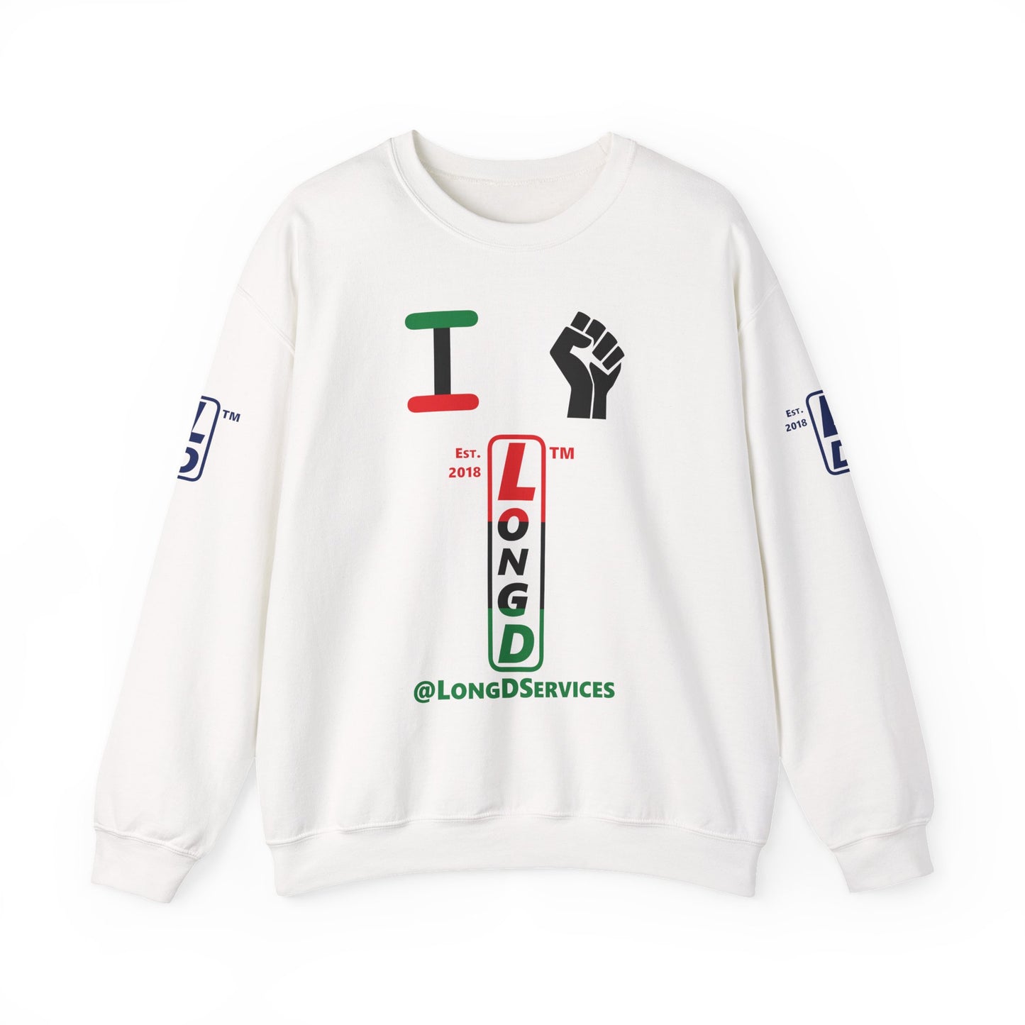 I Fist LongD positive horizontal 3-striped tag upright 4-print logo crewneck sweatshirt