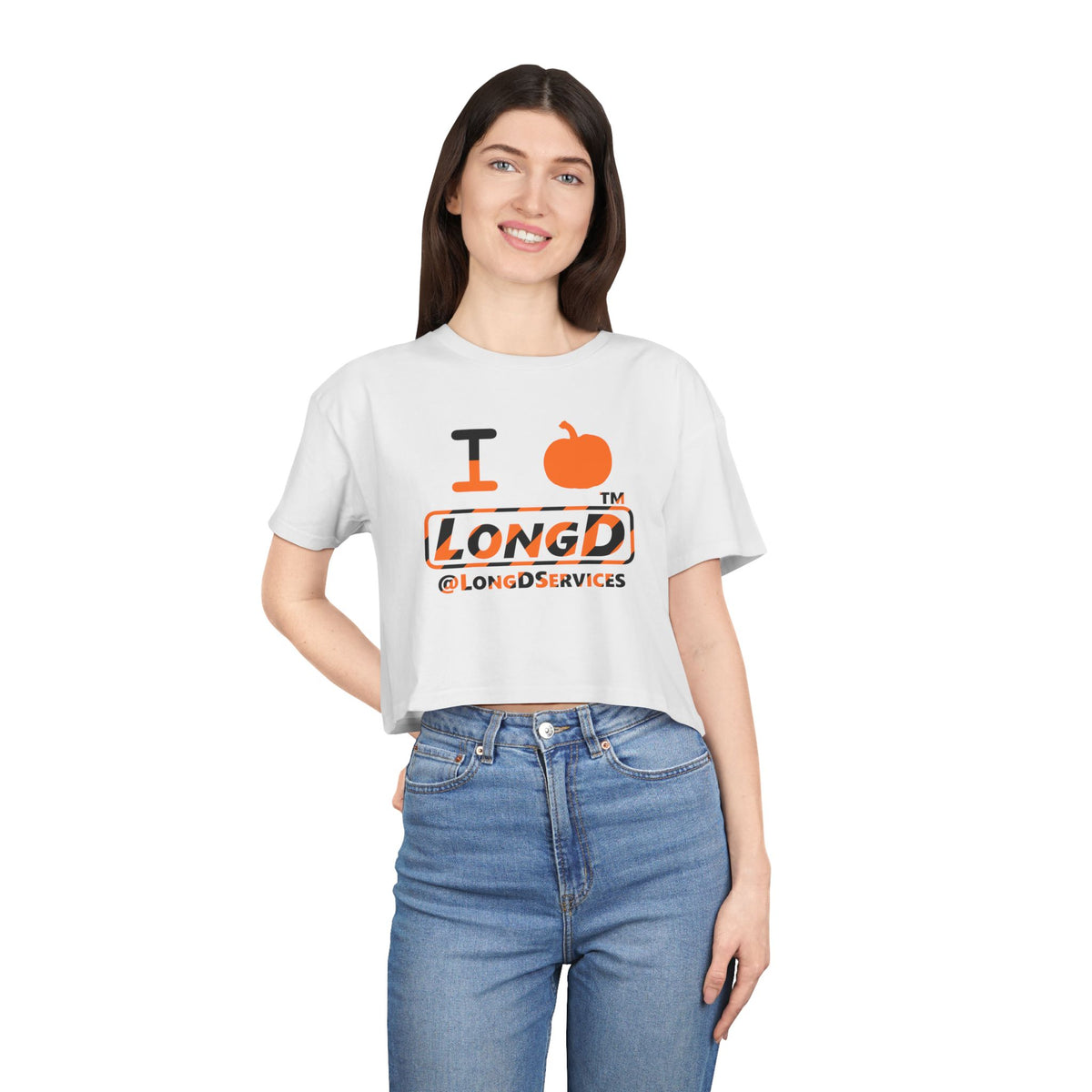 I pumpkin LongD Tag positive 12-striped logo crop tee